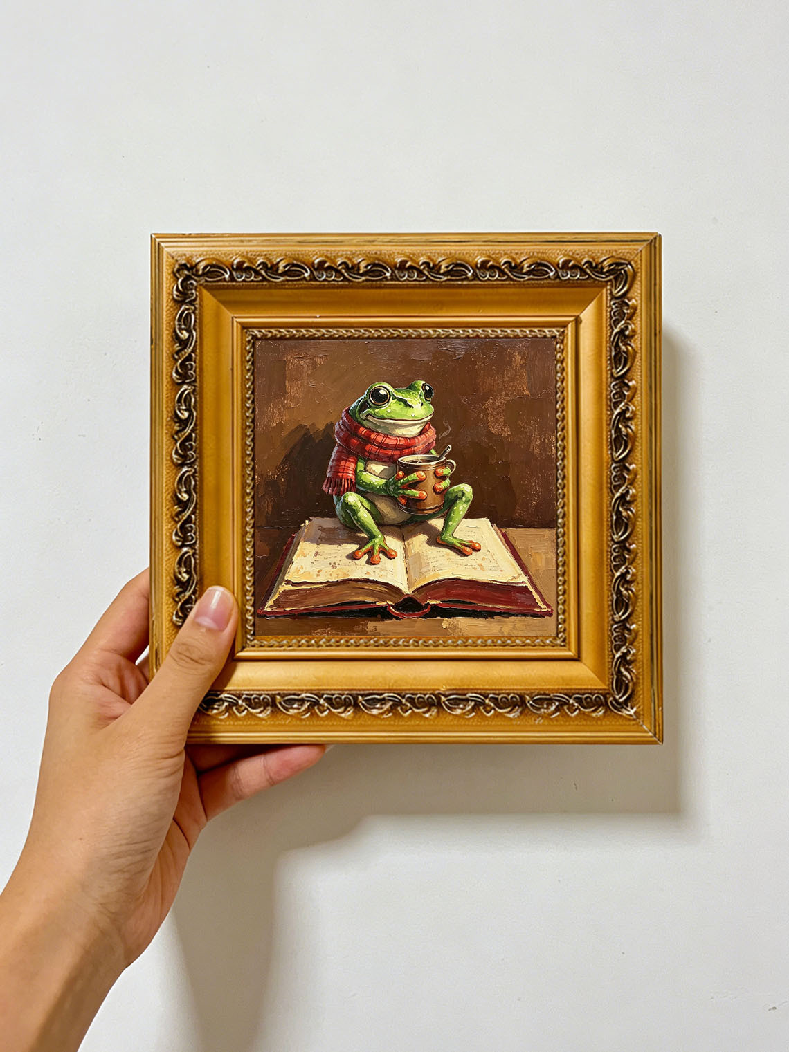 Cozy Whimsical Frog With Red Scarf Holding Hot Mug Sitting On Open Book  Wall Art Custom oil painting from photo, Gift for friend，Size 4x4