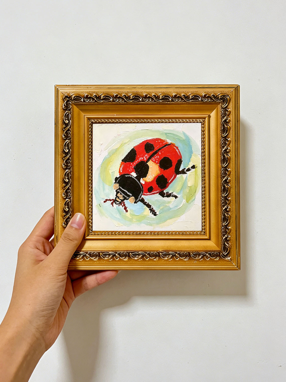Thick Impasto Red Spotted Ladybug Textured Pastel Background Hand Painted Wall Art Custom oil painting from photo, Gift for friend，Size 4x4