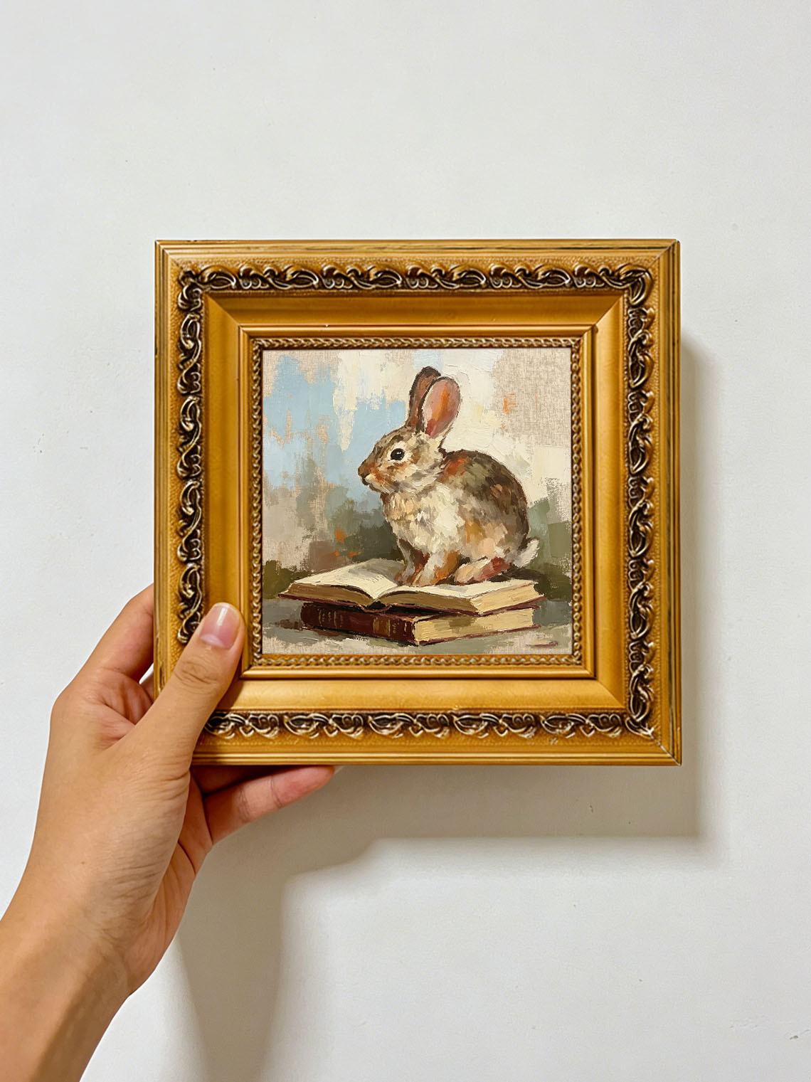 Brown Cottontail Rabbit Sitting On Stacked Old Books Soft Muted Background Custom oil painting from photo, Gift for friend，Size 4x4