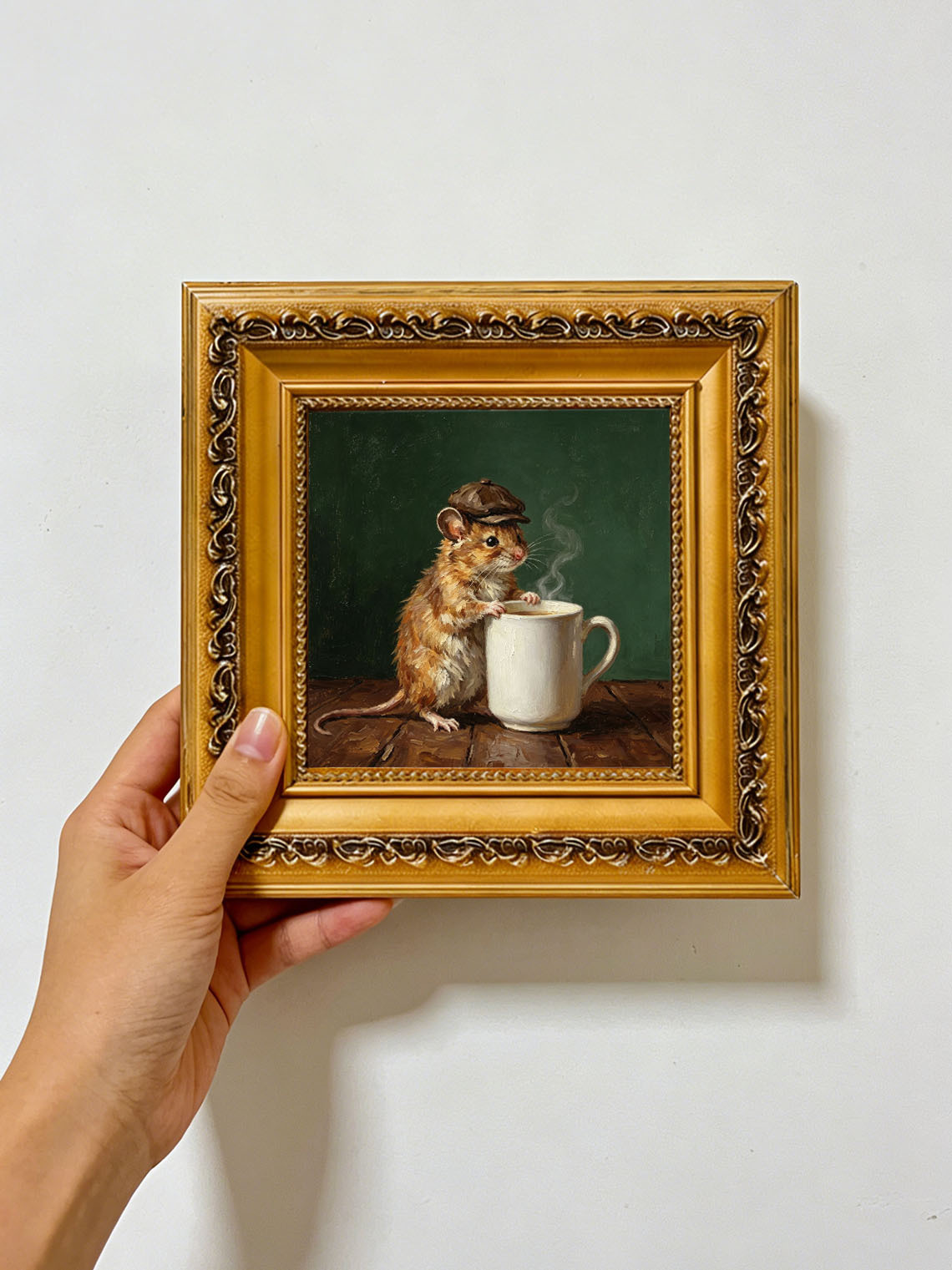 Mouse With Newsboy Cap Leaning On Steaming Coffee Mug Dark Green Background  Custom oil painting from photo, Gift for friend，Size 4x4