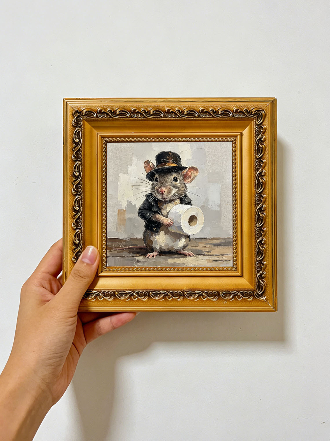 Gentleman Mouse Holding Toilet Paper Roll Neutral Textured Background Custom oil painting from photo, Gift for friend，Size 4x4