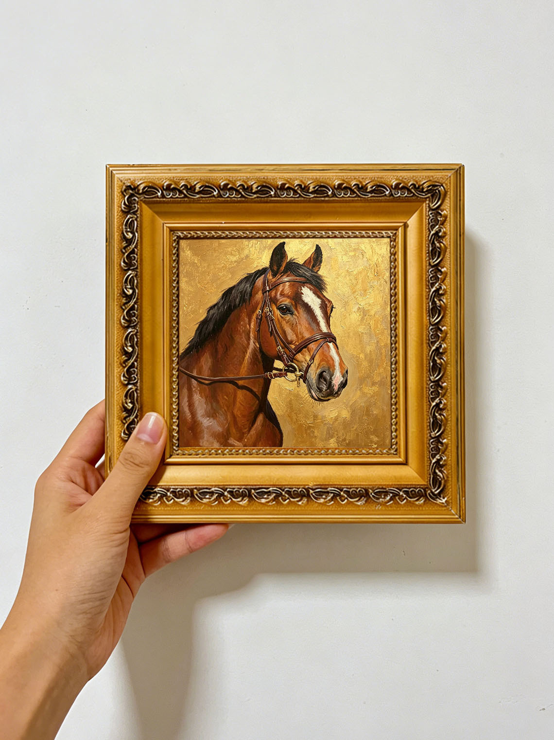 Bay Horse Portrait With Leather Bridle Textured Metallic Gold Background  Wall Art Custom oil painting from photo, Gift for friend，Size 4x4
