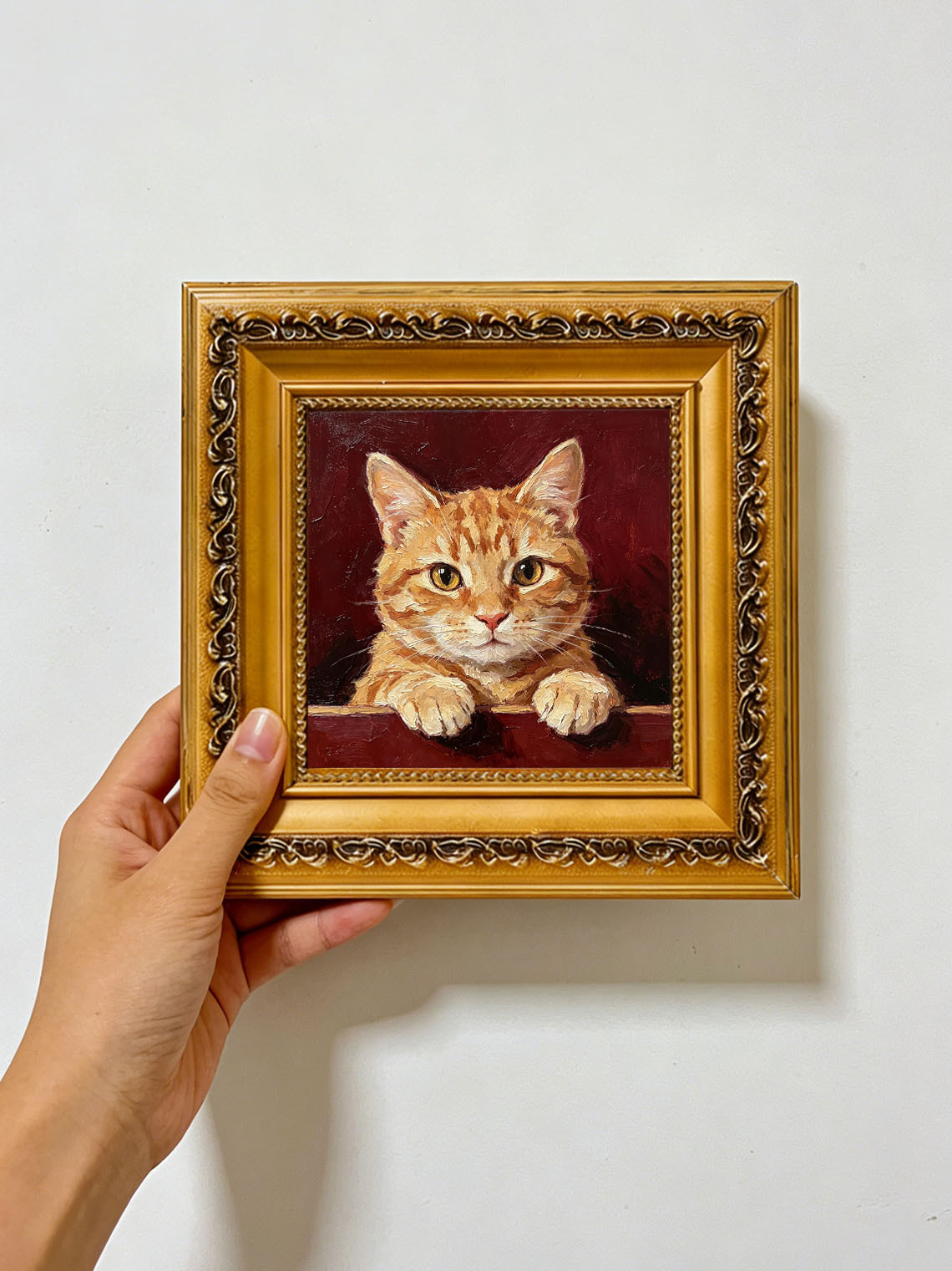 Ginger Tabby Cat Portrait Paws Resting On Edge Deep Burgundy Textured Background  Custom oil painting from photo, Gift for friend，Size 4x4