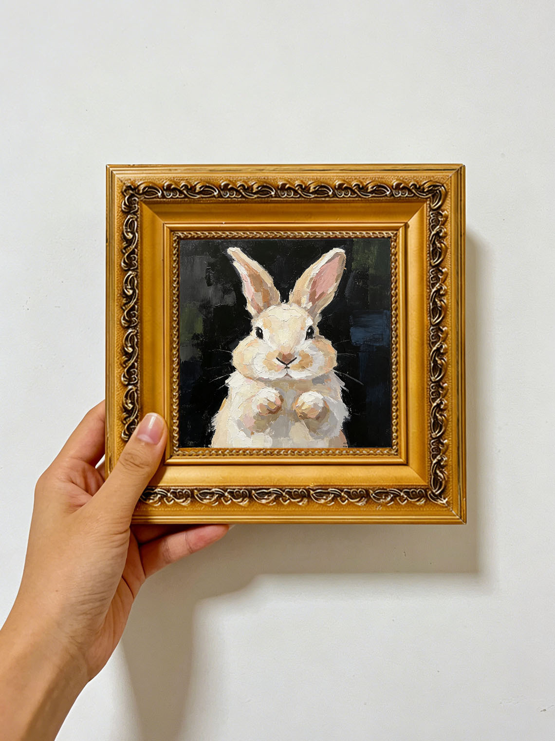 Thick Impasto Light Cream Bunny Portrait Paws Up Dark Moody Textured Background  Custom oil painting from photo, Gift for friend，Size 4x4