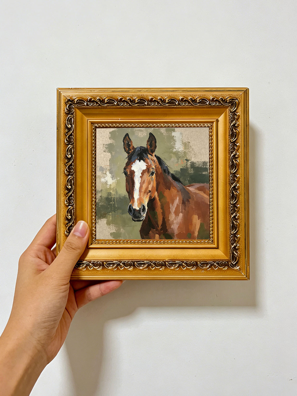 Bay Horse Portrait With White Blaze Muted Sage Green Textured Linen Background  Custom oil painting from photo, Gift for friend，Size 4x4