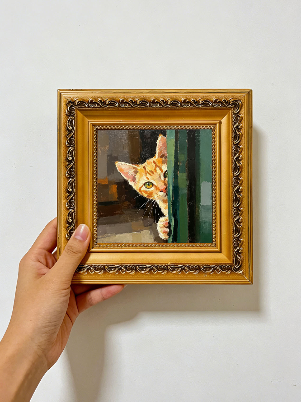 Tabby Kitten Peeking Around Green Door Bold Textured Warm Earth‑Tone Background  Custom oil painting from photo, Gift for friend，Size 4x4
