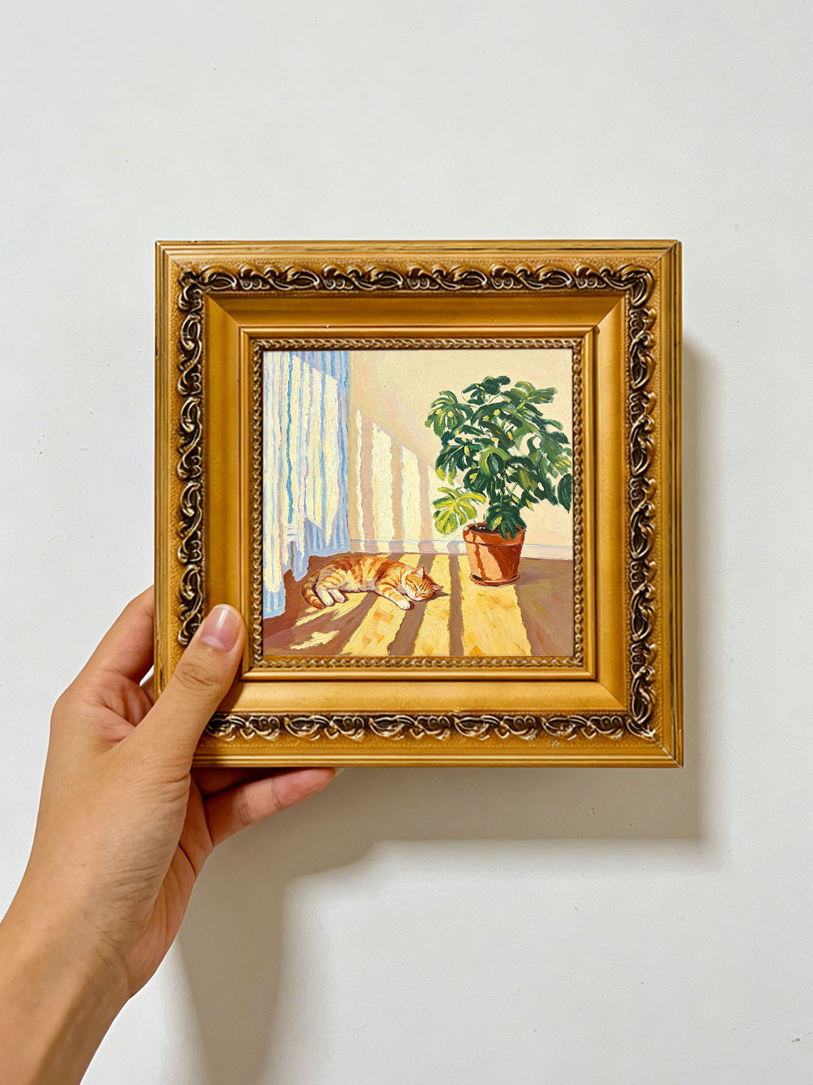 Sleeping Ginger Cat Sunlit Indoor Scene With Monstera Plant Bright Oil Painting Custom oil painting from photo, Gift for friend，Size 4x4