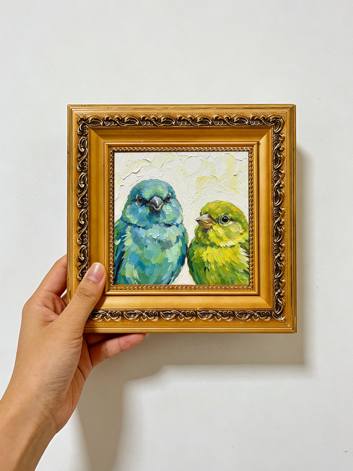 Pair Of Parrotlets Portrait Bold Oil Painting Soft Off‑White Textured Background  Custom oil painting from photo, Gift for friend，Size 4x4
