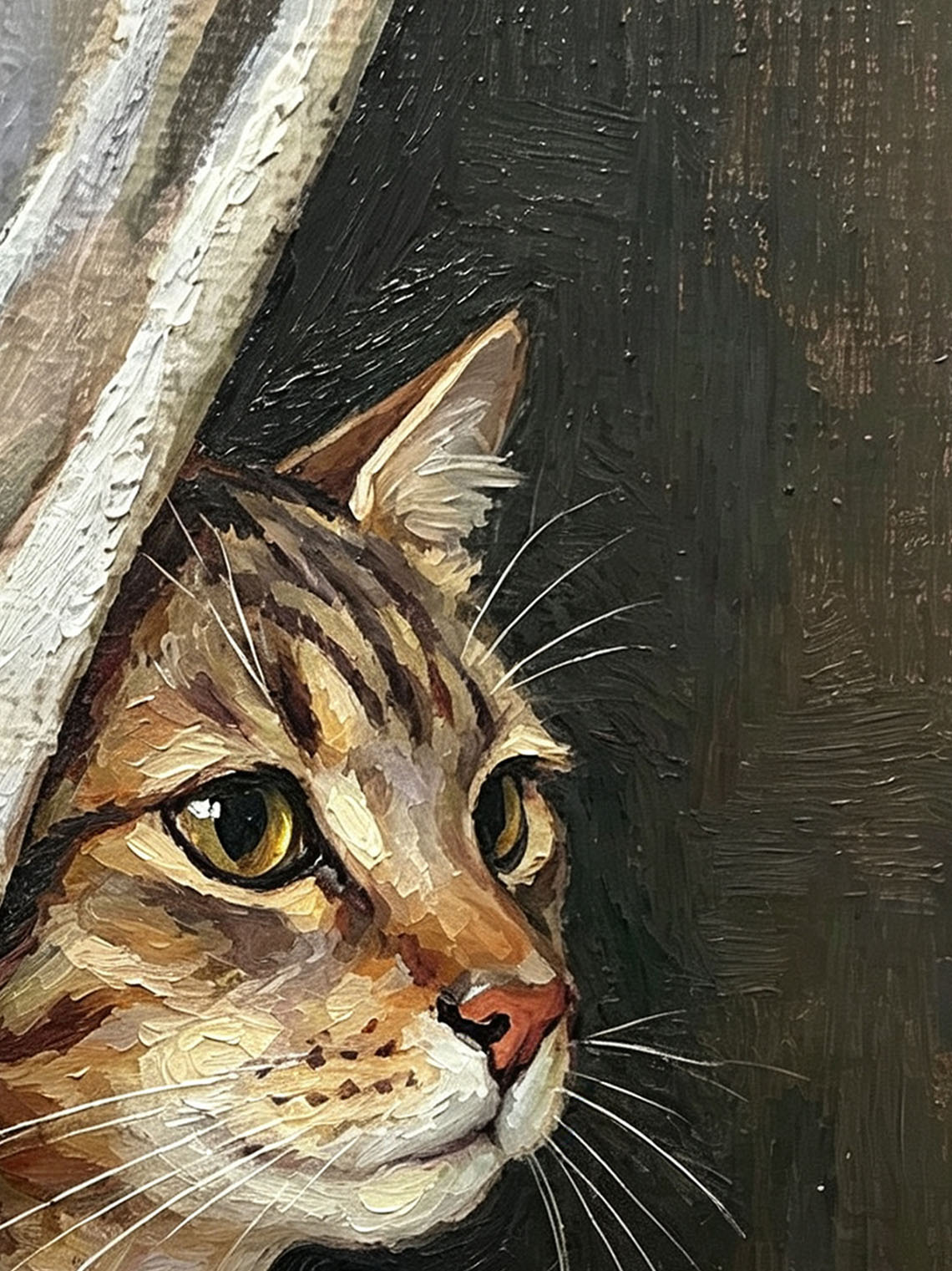 Tabby Cat Behind Curtain custom oil painting from photo, gift for friend, Size 4"×4"