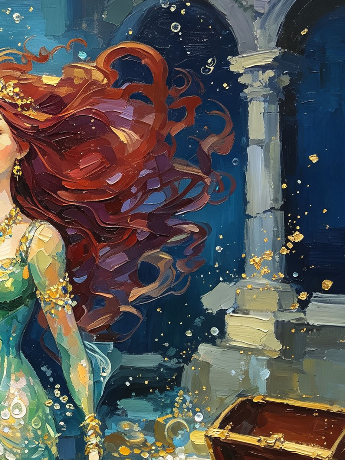 Red‑Haired Mermaid With Underwater Treasure Hand Painted Wall Art Custom oil painting from photo, Gift for friend，Size 4x4