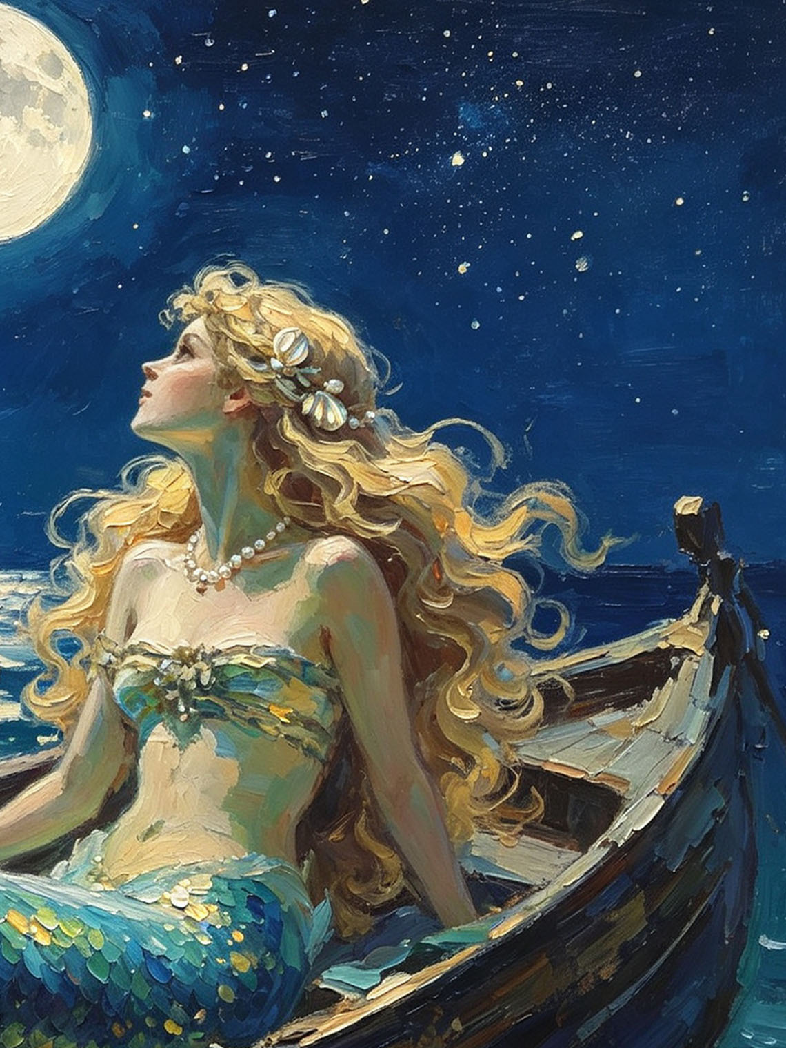 Moonlit Ocean Mermaid In Wooden Boat Hand Painted Wall Art Custom oil painting from photo, Gift for friend，Size 4x4