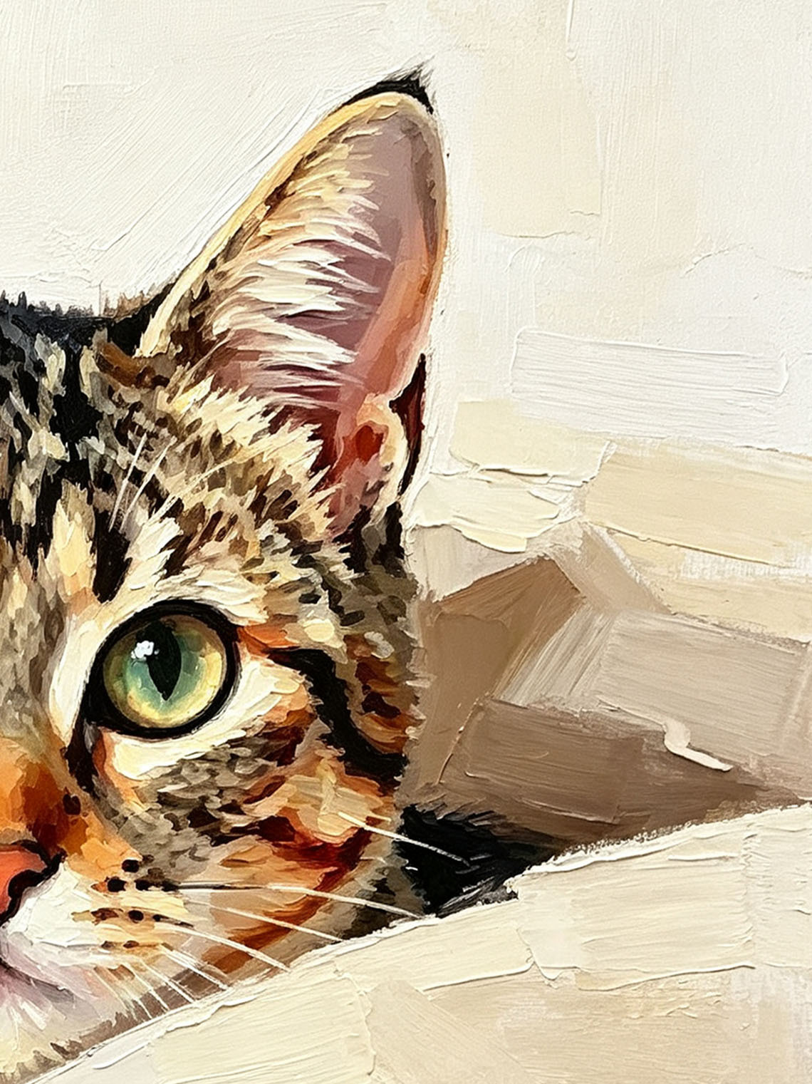 Curious Tabby Kitten Peeking From Paper Bag Hand Painted Wall Art Custom oil painting from photo, Gift for friend，Size 4x4