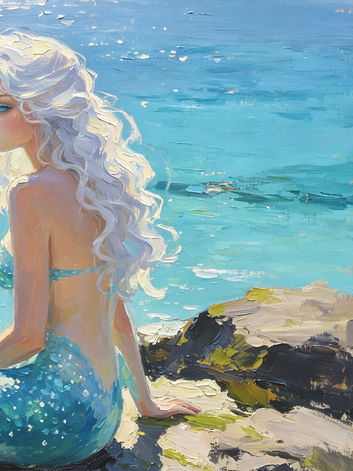 White‑Haired Mermaid Sitting On Coastal Rock By Sparkling Sea Hand Painted Wall Art Custom oil painting from photo, Gift for friend，Size 4x4