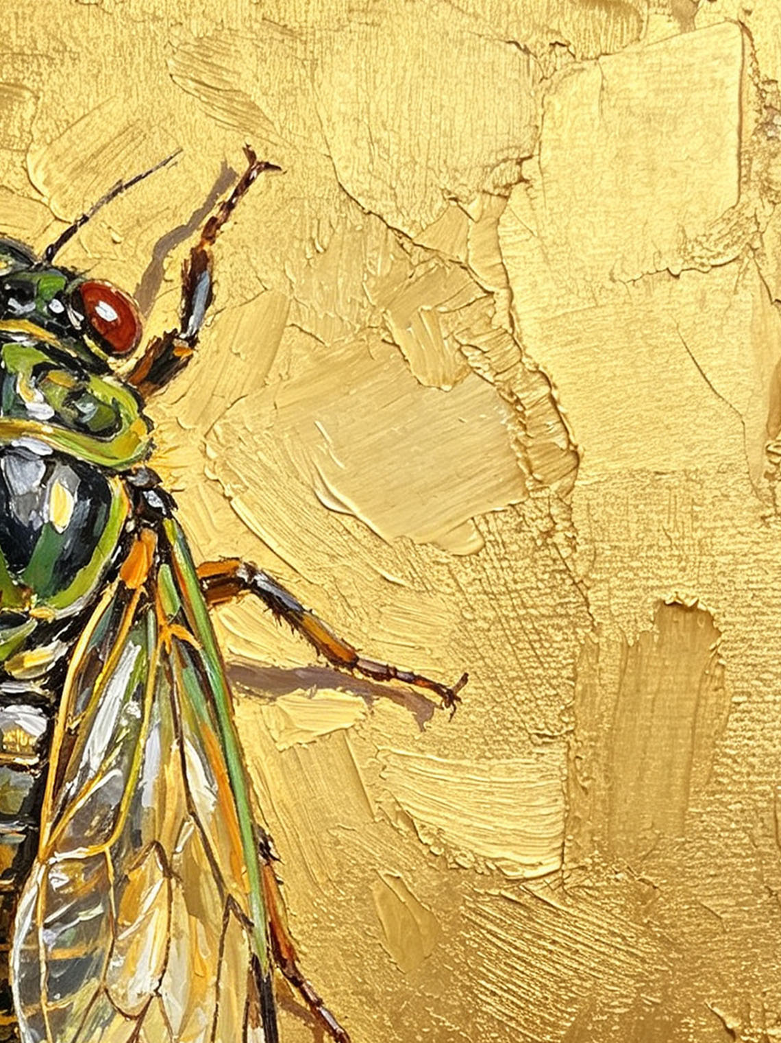Detailed Cicada Insect Painting On Golden Textured Background Hand Painted Wall Art Custom oil painting from photo, Gift for friend，Size 4x4
