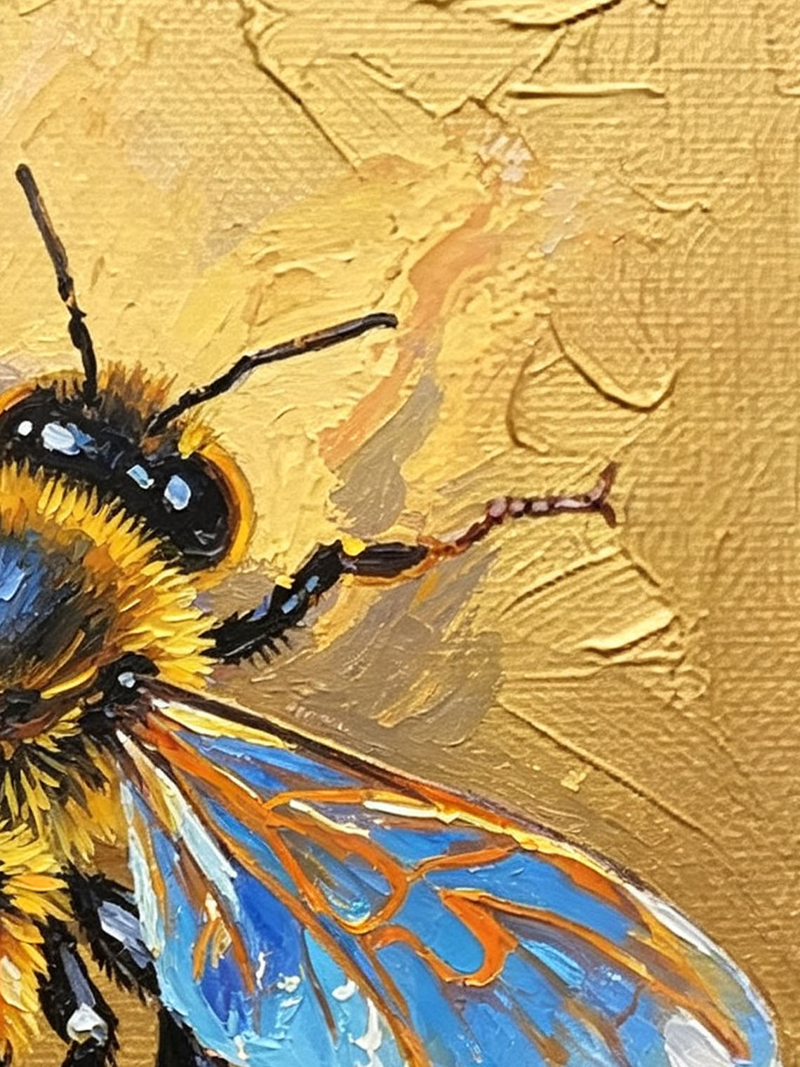 Vibrant Honeybee With Iridescent Blue Wings On Golden Background  Wall Art Custom oil painting from photo, Gift for friend，Size 4x4