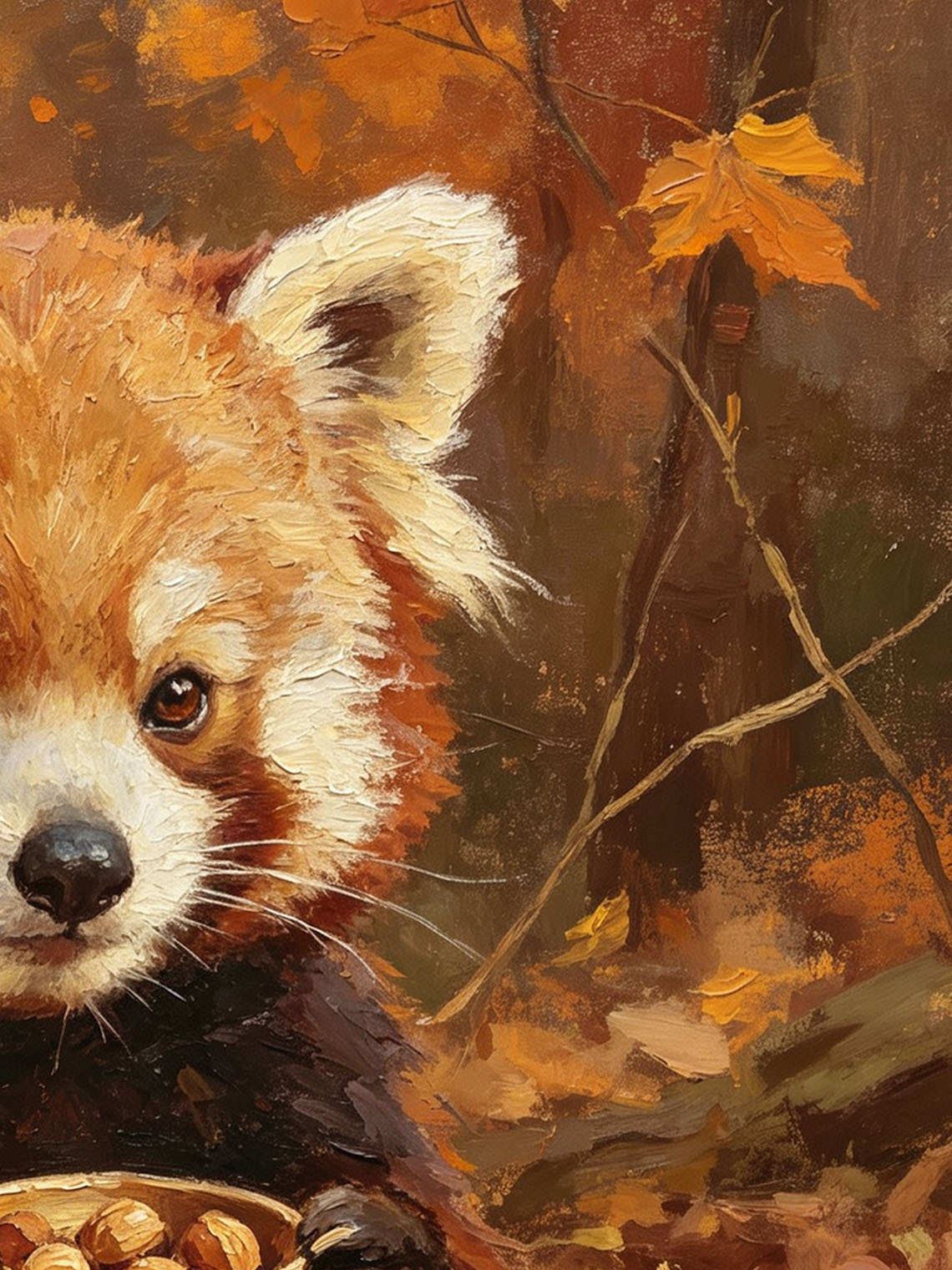 Cute Red Panda Holding Nut Bowl In Autumn Fall Forest Hand Painted Wall Art Custom oil painting from photo, Gift for friend，Size 4x4