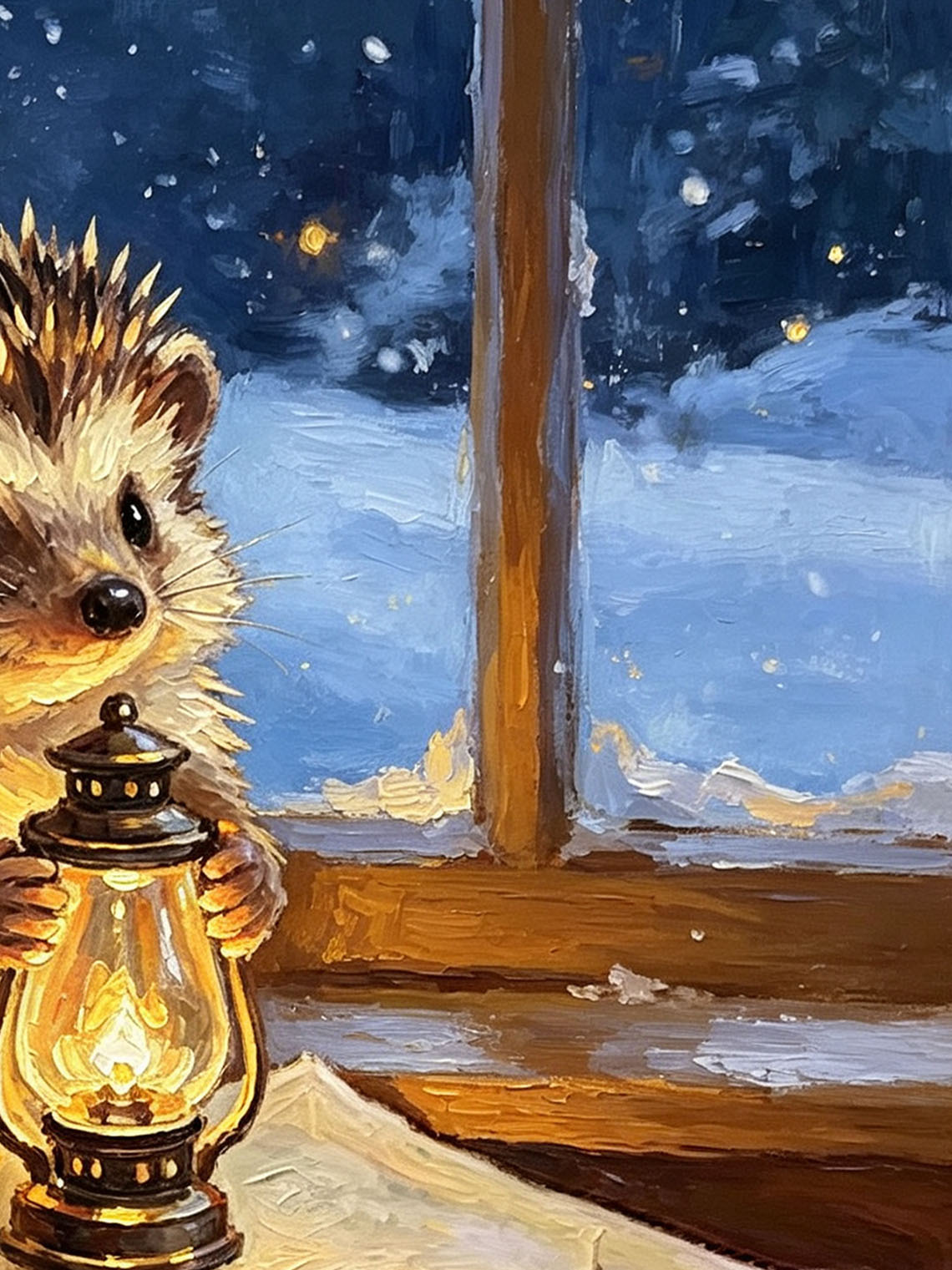 Hedgehog With Glowing Lantern Standing On Open Book By Snowy Winter Window Custom oil painting from photo, Gift for friend，Size 4x4