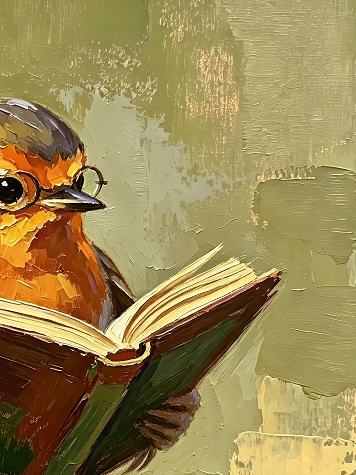 Charming Robin Bird Wearing Glasses Reading Open Book On Branch  Wall Art Custom oil painting from photo, Gift for friend，Size 4x4