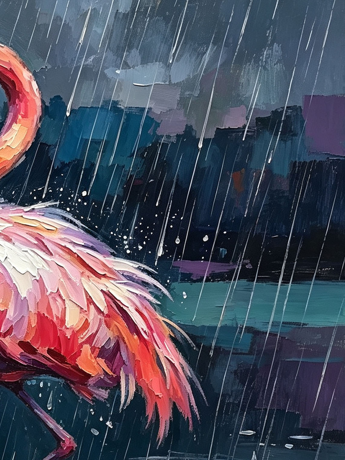 Vibrant Pink Flamingo Standing On Rock In Pouring Rain Over Dark Water  Wall Art Custom oil painting from photo, Gift for friend，Size 4x4