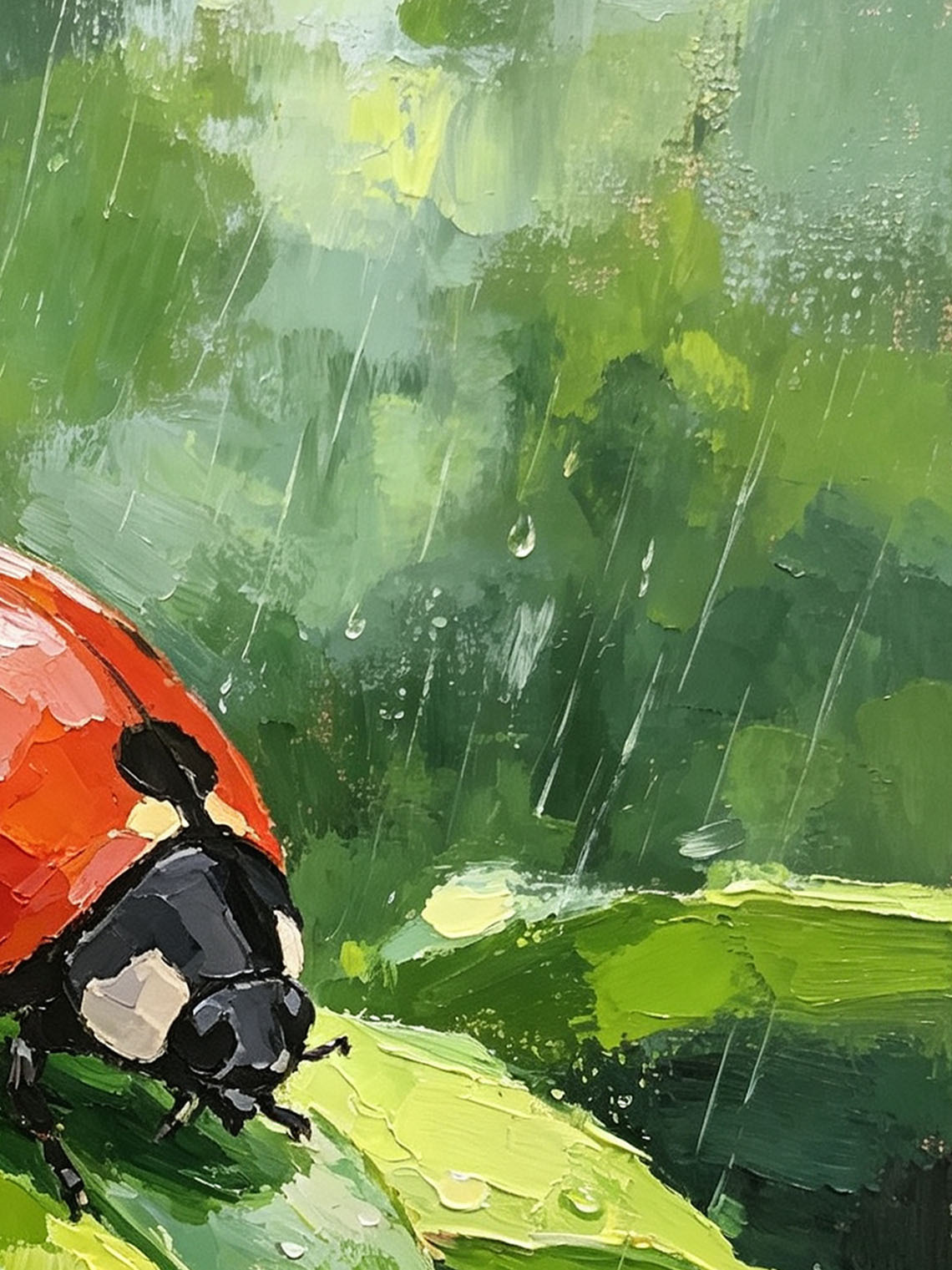 Vivid Red Ladybug On Rain‑Drenched Green Leaf In Lush Foliage Hand Painted Wall Art Custom oil painting from photo, Gift for friend，Size 4x4