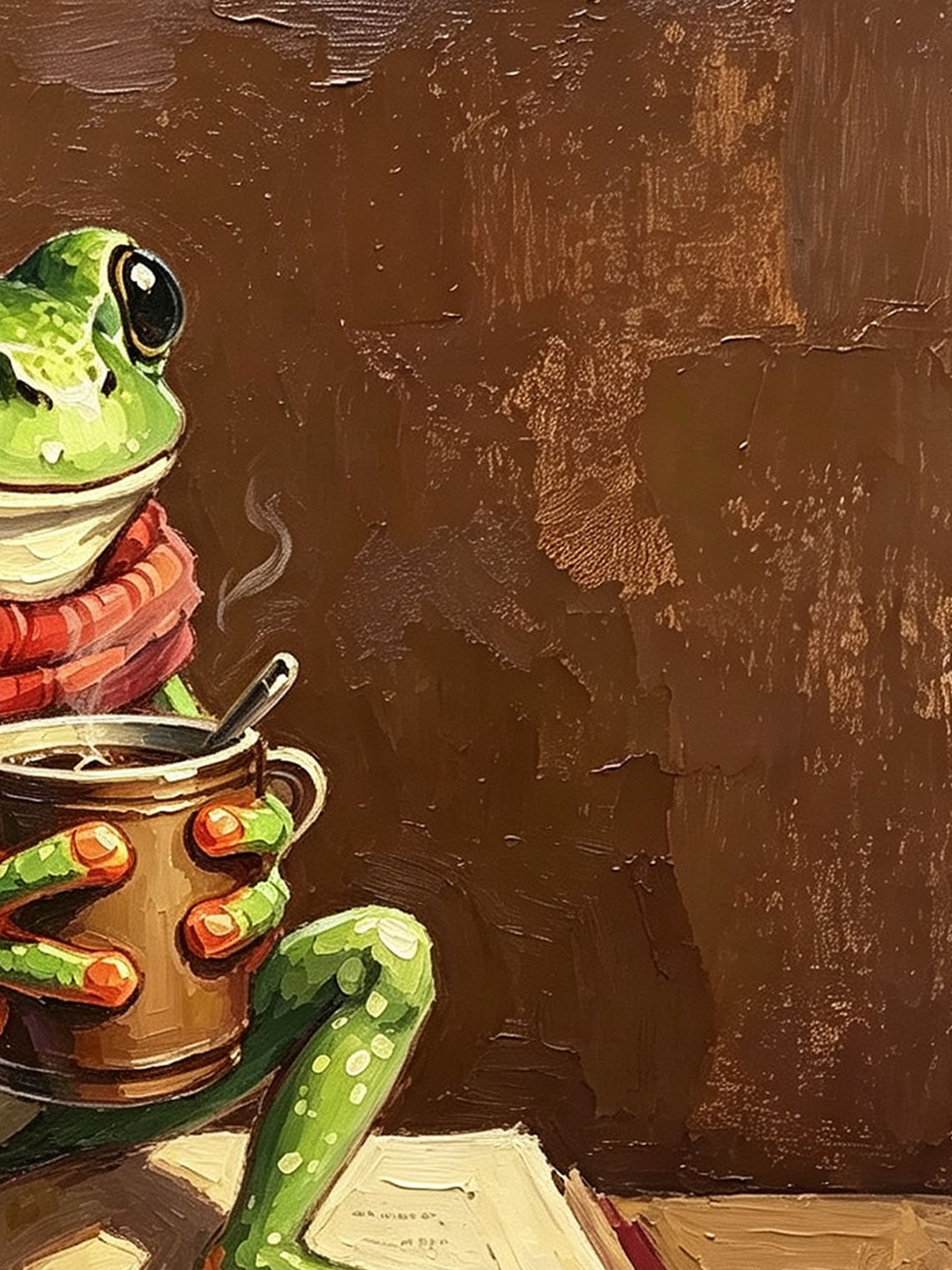 Cozy Whimsical Frog With Red Scarf Holding Hot Mug Sitting On Open Book  Wall Art Custom oil painting from photo, Gift for friend，Size 4x4