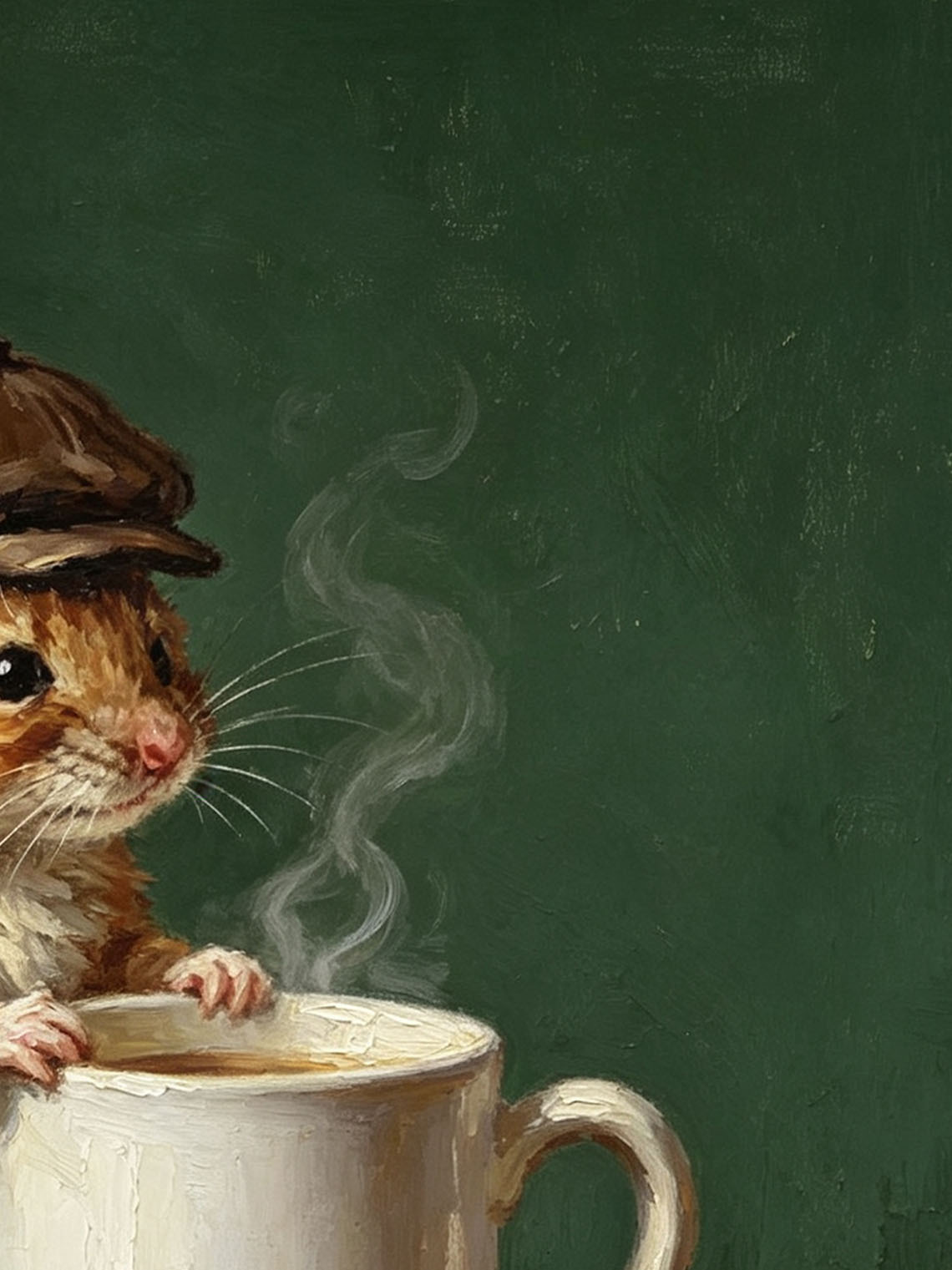Mouse With Newsboy Cap Leaning On Steaming Coffee Mug Dark Green Background  Custom oil painting from photo, Gift for friend，Size 4x4