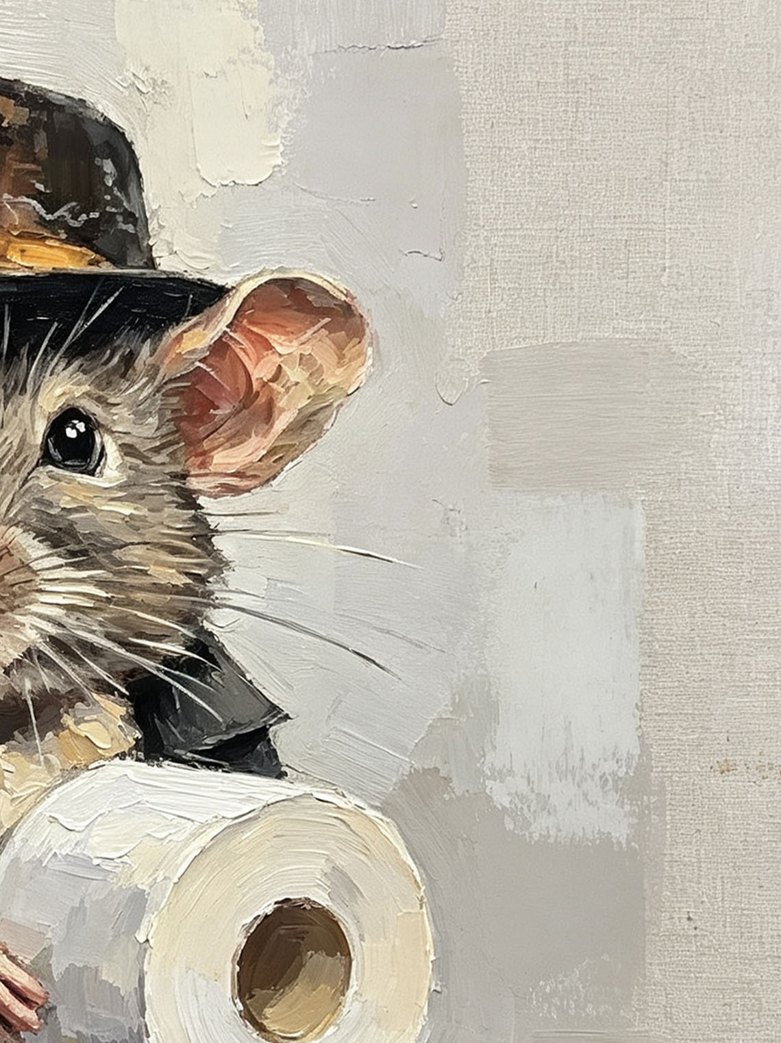 Gentleman Mouse Holding Toilet Paper Roll Neutral Textured Background Custom oil painting from photo, Gift for friend，Size 4x4