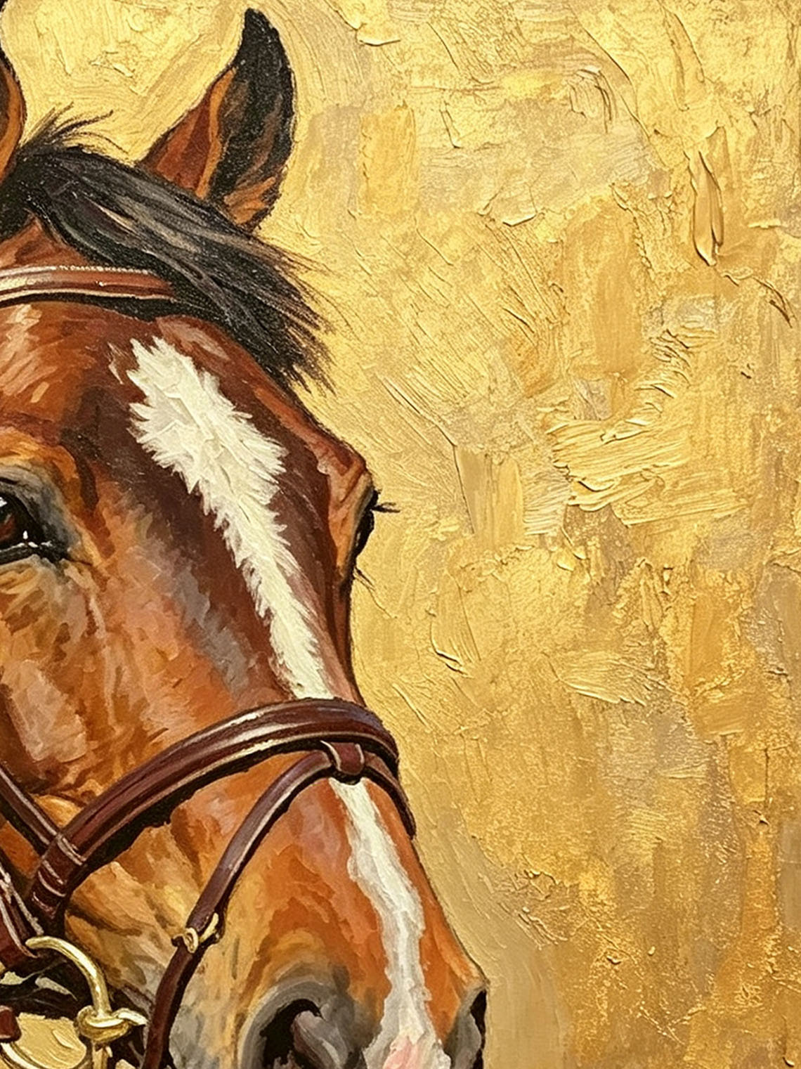 Bay Horse Portrait With Leather Bridle Textured Metallic Gold Background  Wall Art Custom oil painting from photo, Gift for friend，Size 4x4