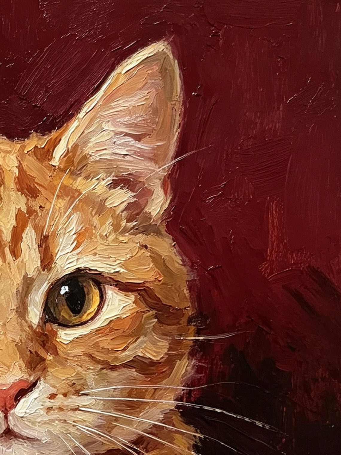 Ginger Tabby Cat Portrait Paws Resting On Edge Deep Burgundy Textured Background  Custom oil painting from photo, Gift for friend，Size 4x4