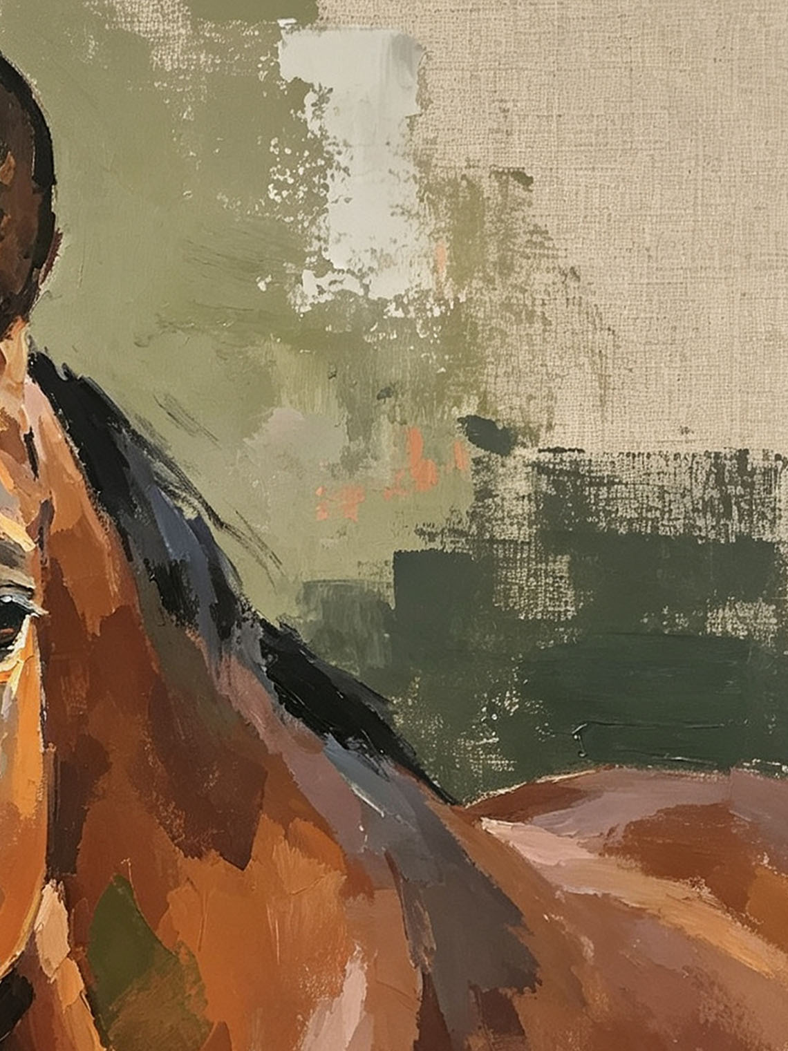 Bay Horse Portrait With White Blaze Muted Sage Green Textured Linen Background  Custom oil painting from photo, Gift for friend，Size 4x4