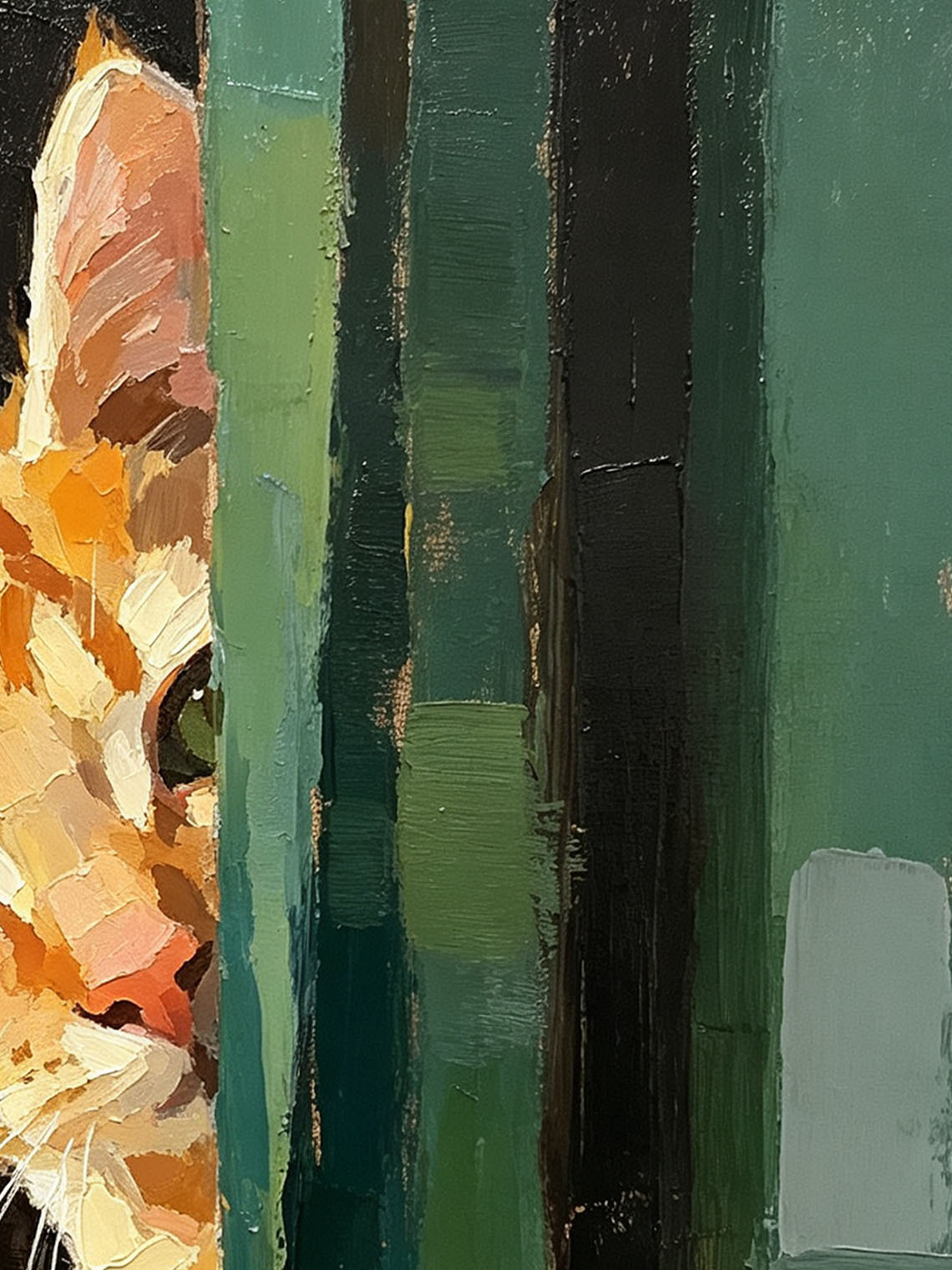Tabby Kitten Peeking Around Green Door Bold Textured Warm Earth‑Tone Background  Custom oil painting from photo, Gift for friend，Size 4x4