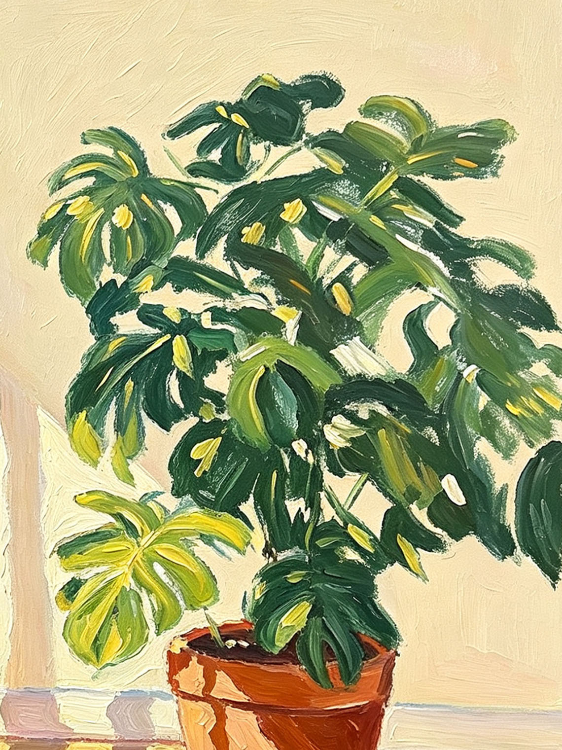 Sleeping Ginger Cat Sunlit Indoor Scene With Monstera Plant Bright Oil Painting Custom oil painting from photo, Gift for friend，Size 4x4
