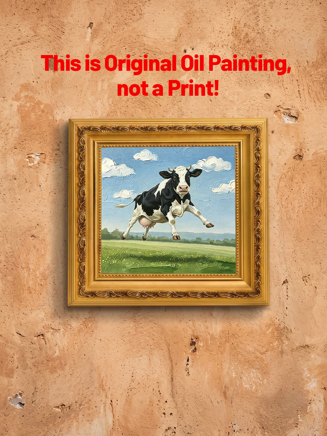 Jumping Farm Cow Hand Painted Wall Art Custom oil painting from photo, Gift for friend，Size 4x4