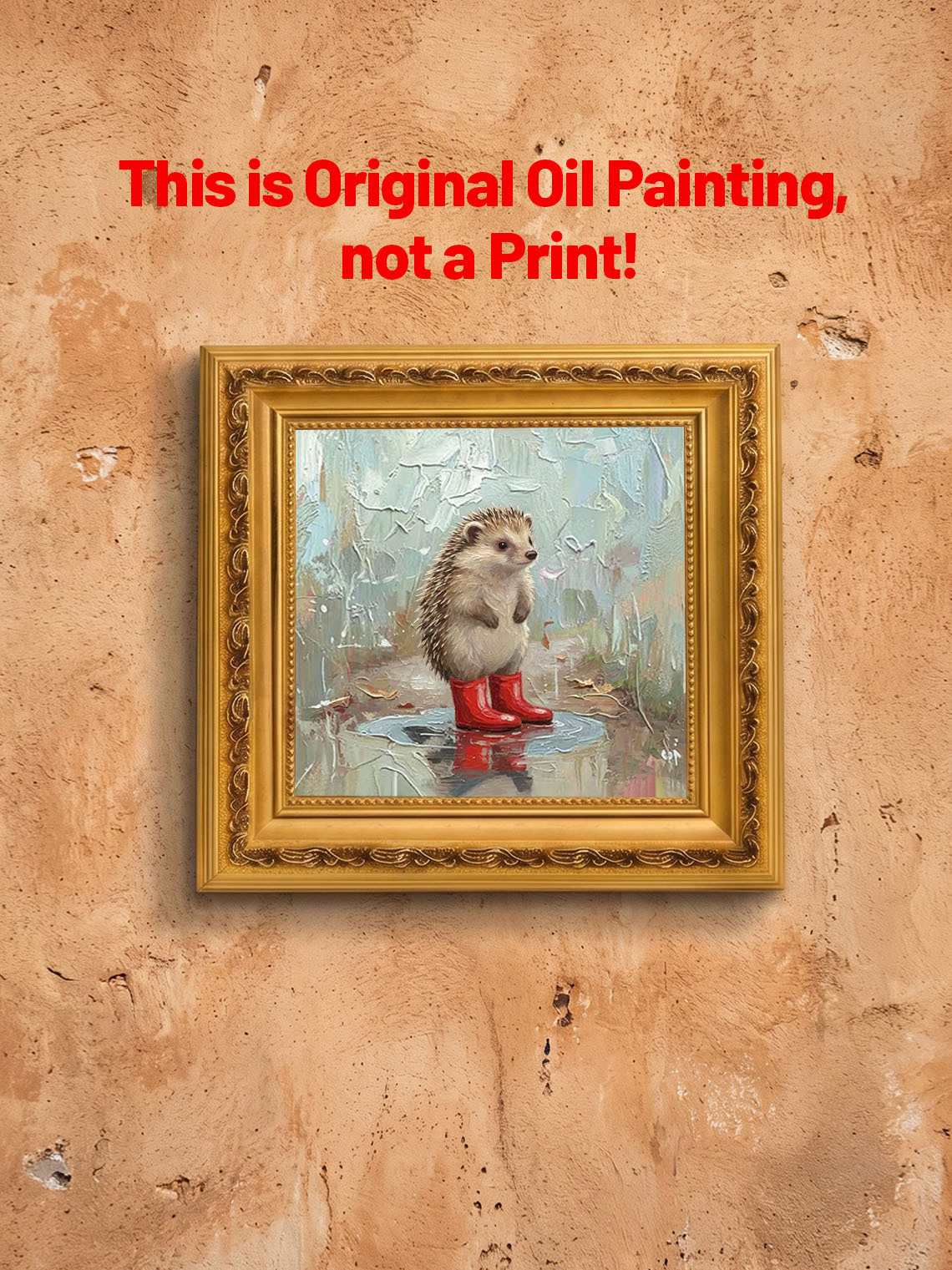Cute Hedgehog In Red Rain Boots Hand Painted Wall Art Custom oil painting from photo, Gift for friend，Size 4x4
