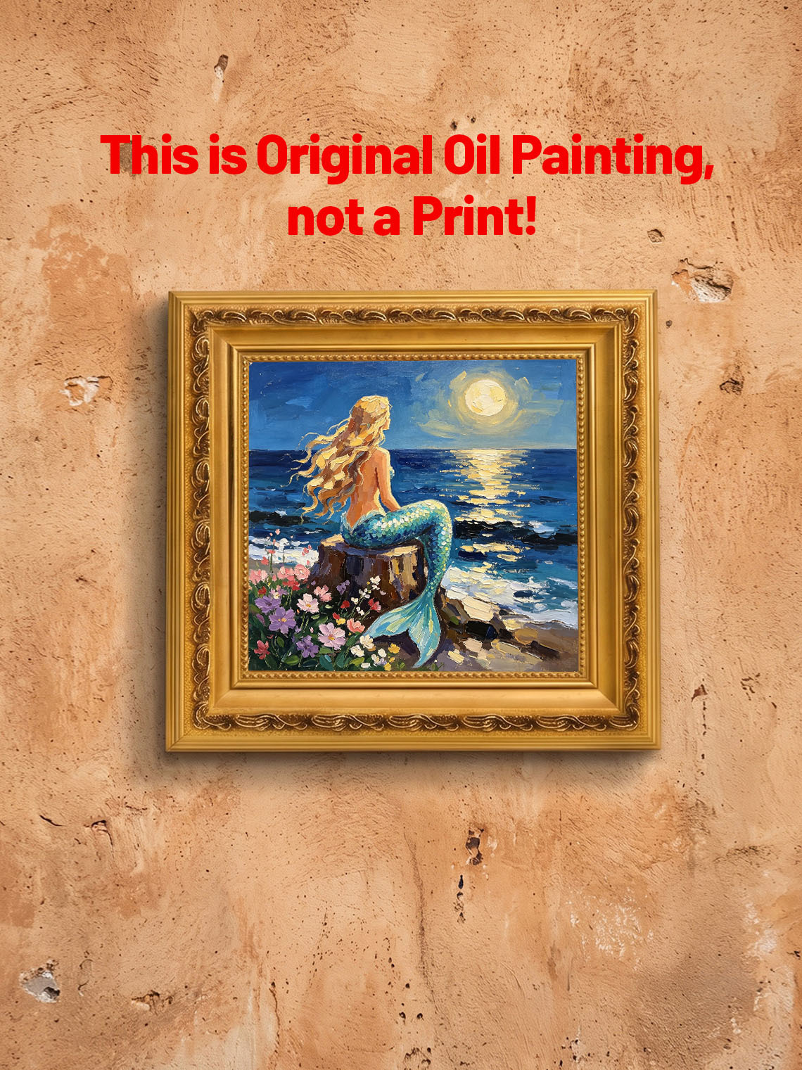 Moonlit Ocean Mermaid Hand Painted Wall Art Custom oil painting from photo, Gift for friend，Size 4x4
