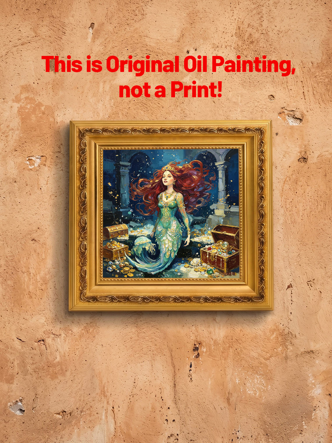 Red‑Haired Mermaid With Underwater Treasure Hand Painted Wall Art Custom oil painting from photo, Gift for friend，Size 4x4