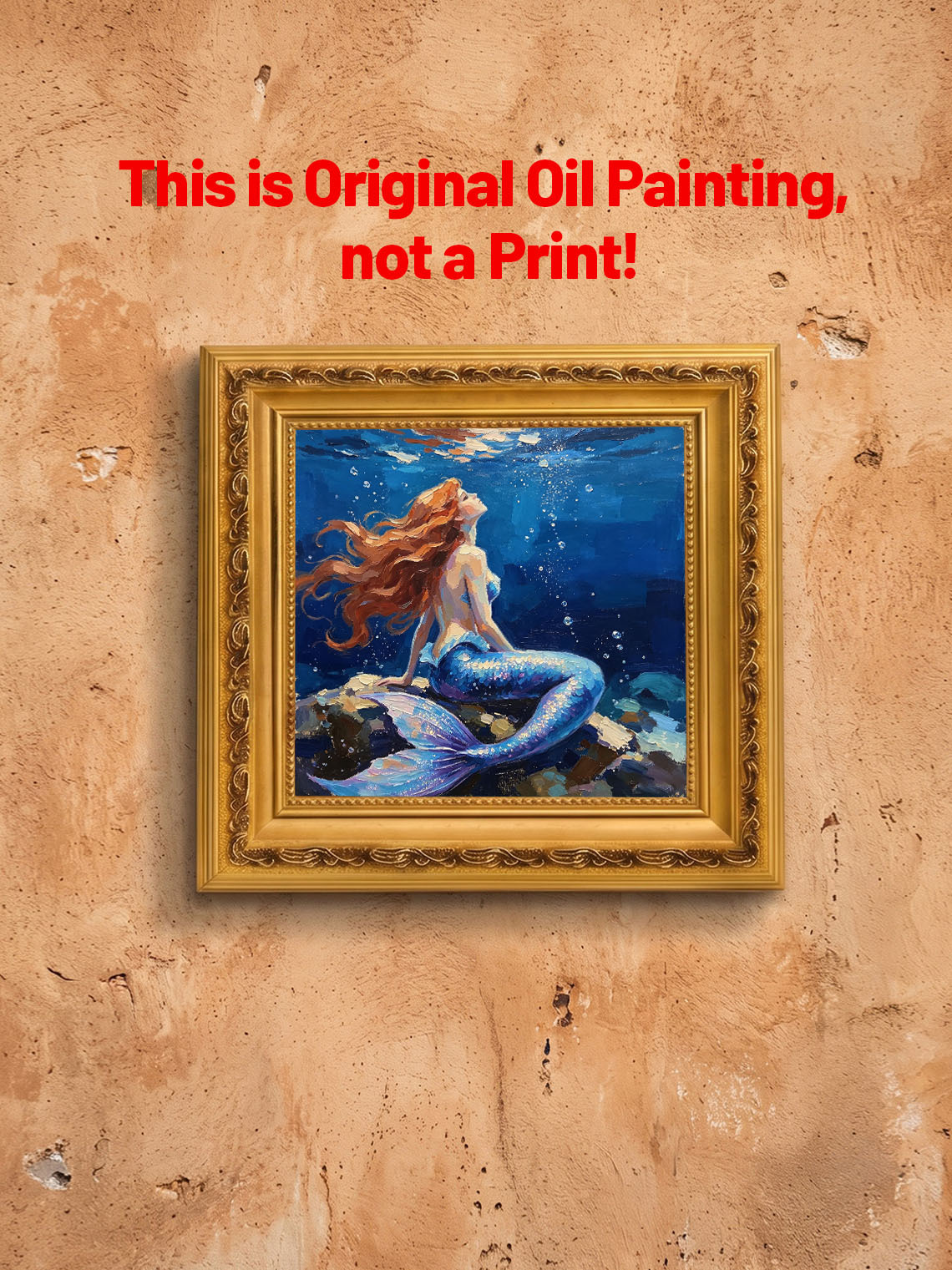 Underwater Red‑Haired Mermaid On Rocks Hand Painted Wall Art Custom oil painting from photo, Gift for friend，Size 4x4