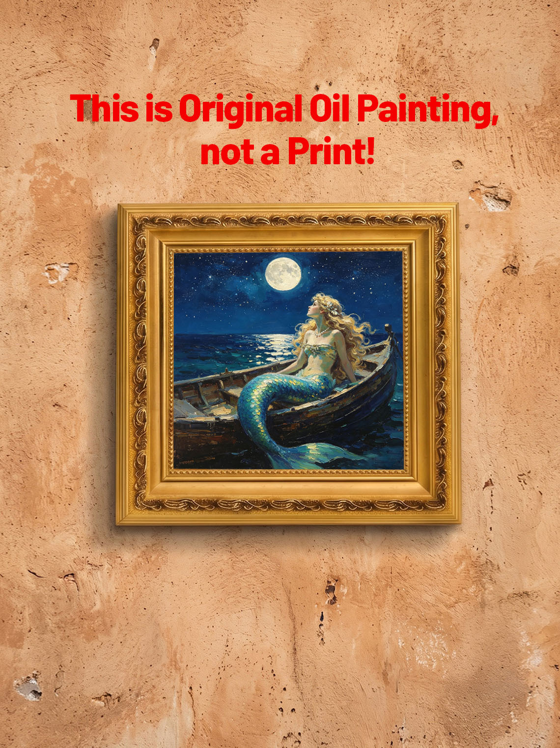 Moonlit Ocean Mermaid In Wooden Boat Hand Painted Wall Art Custom oil painting from photo, Gift for friend，Size 4x4