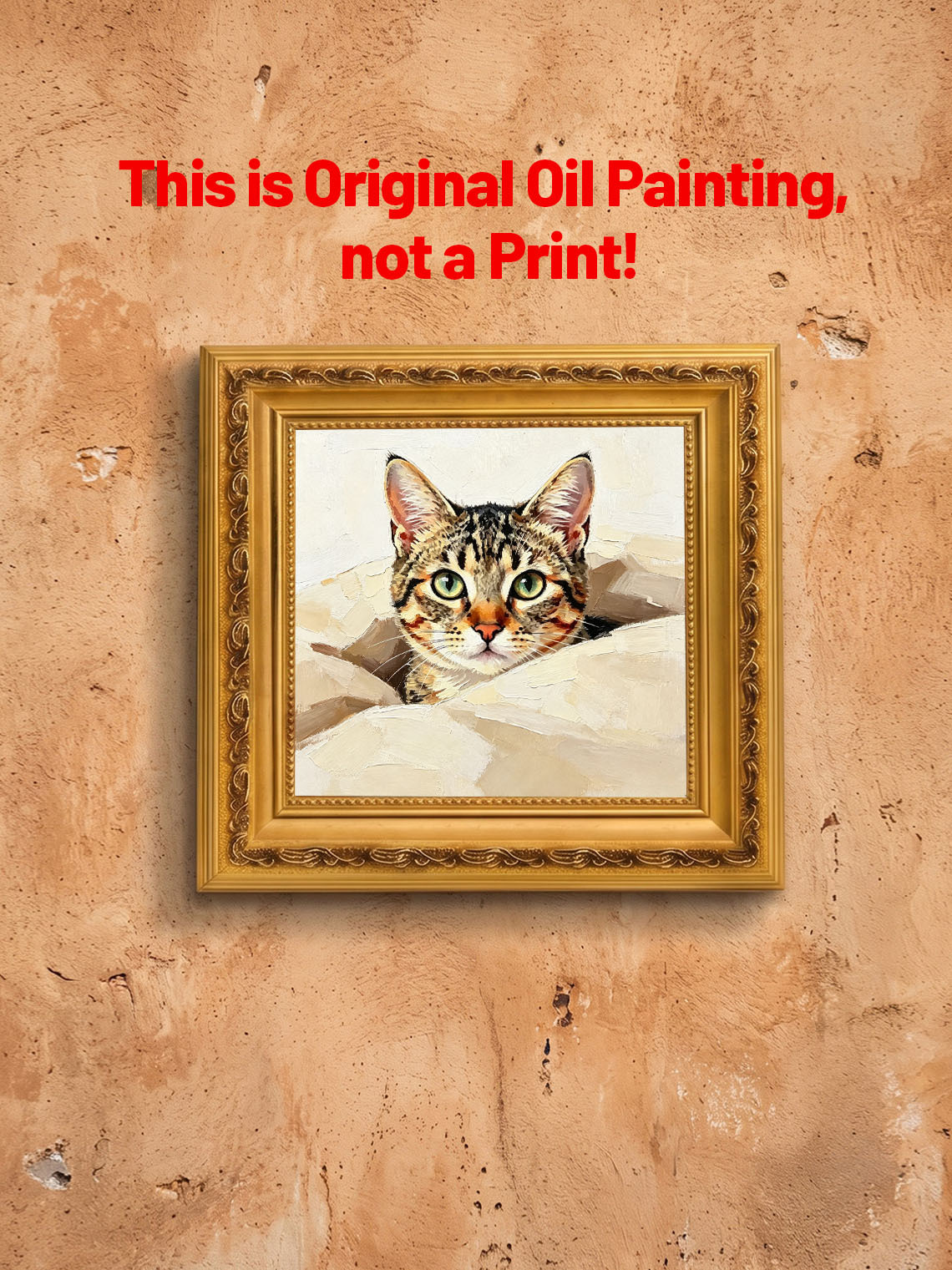 Curious Tabby Kitten Peeking From Paper Bag Hand Painted Wall Art Custom oil painting from photo, Gift for friend，Size 4x4