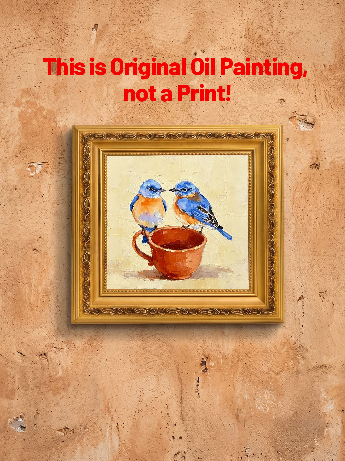 Two Sweet Bluebirds On Terracotta Teacup Hand Painted Wall Art Custom oil painting from photo, Gift for friend，Size 4x4
