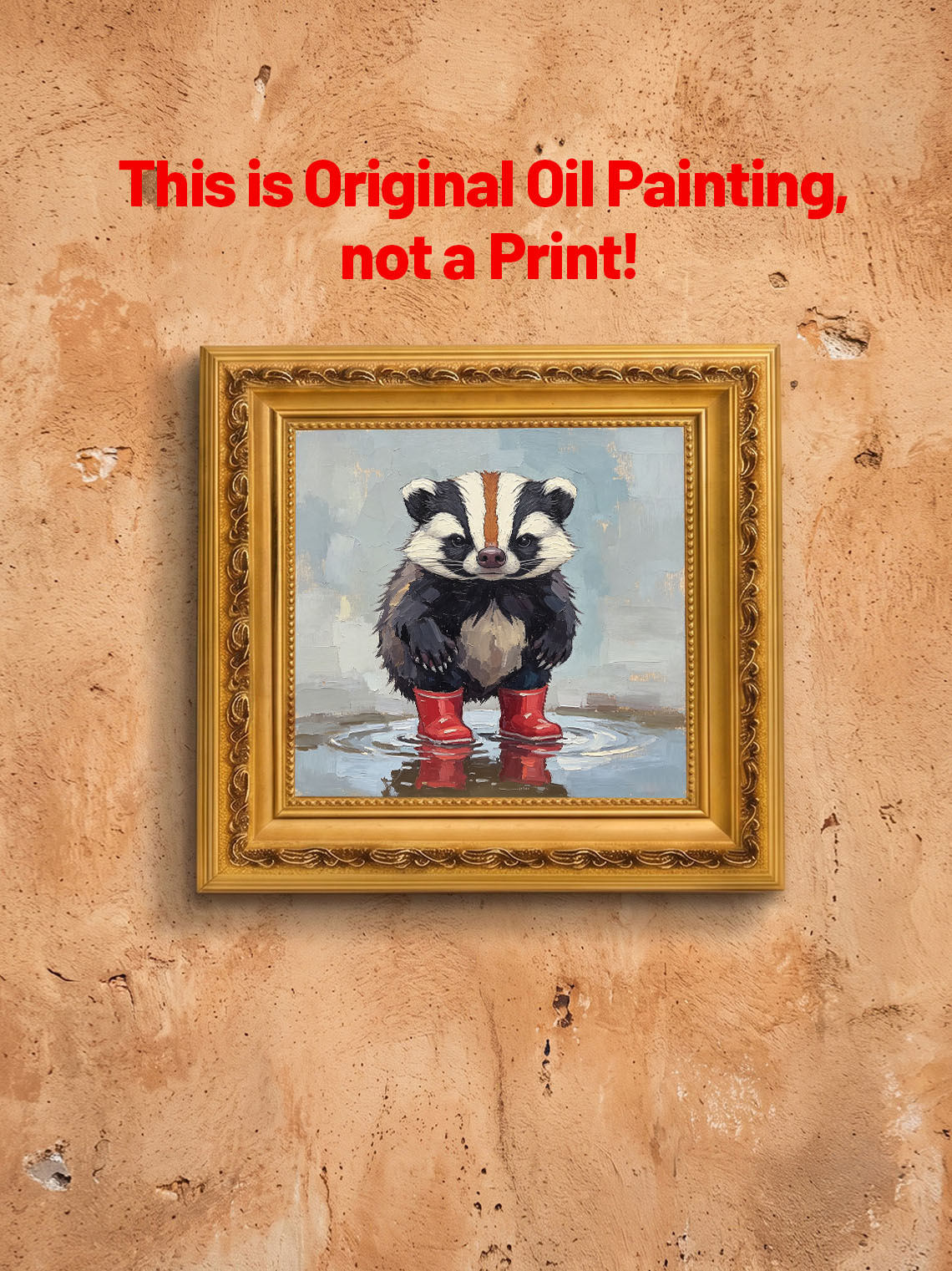 Cute Badger Wearing Red Rain Boots Standing In Puddle Hand Painted Wall Art Custom oil painting from photo, Gift for friend，Size 4x4