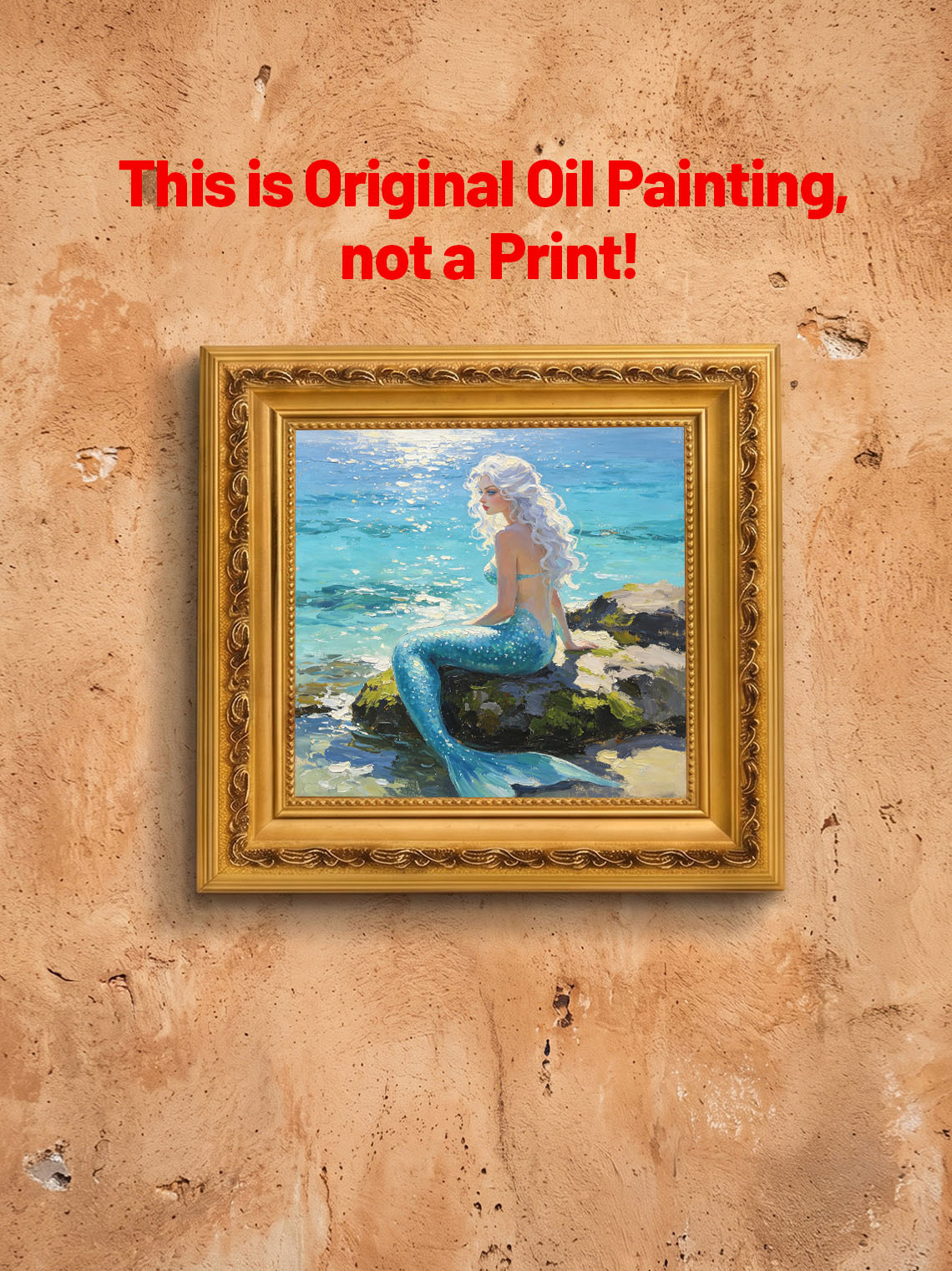 White‑Haired Mermaid Sitting On Coastal Rock By Sparkling Sea Hand Painted Wall Art Custom oil painting from photo, Gift for friend，Size 4x4