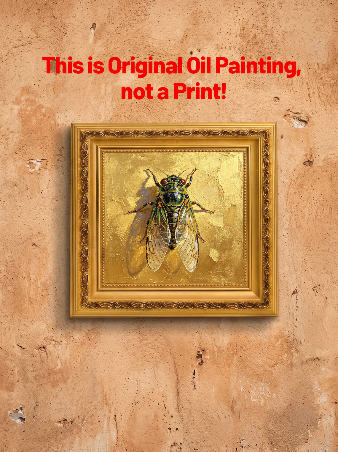 Detailed Cicada Insect Painting On Golden Textured Background Hand Painted Wall Art Custom oil painting from photo, Gift for friend，Size 4x4