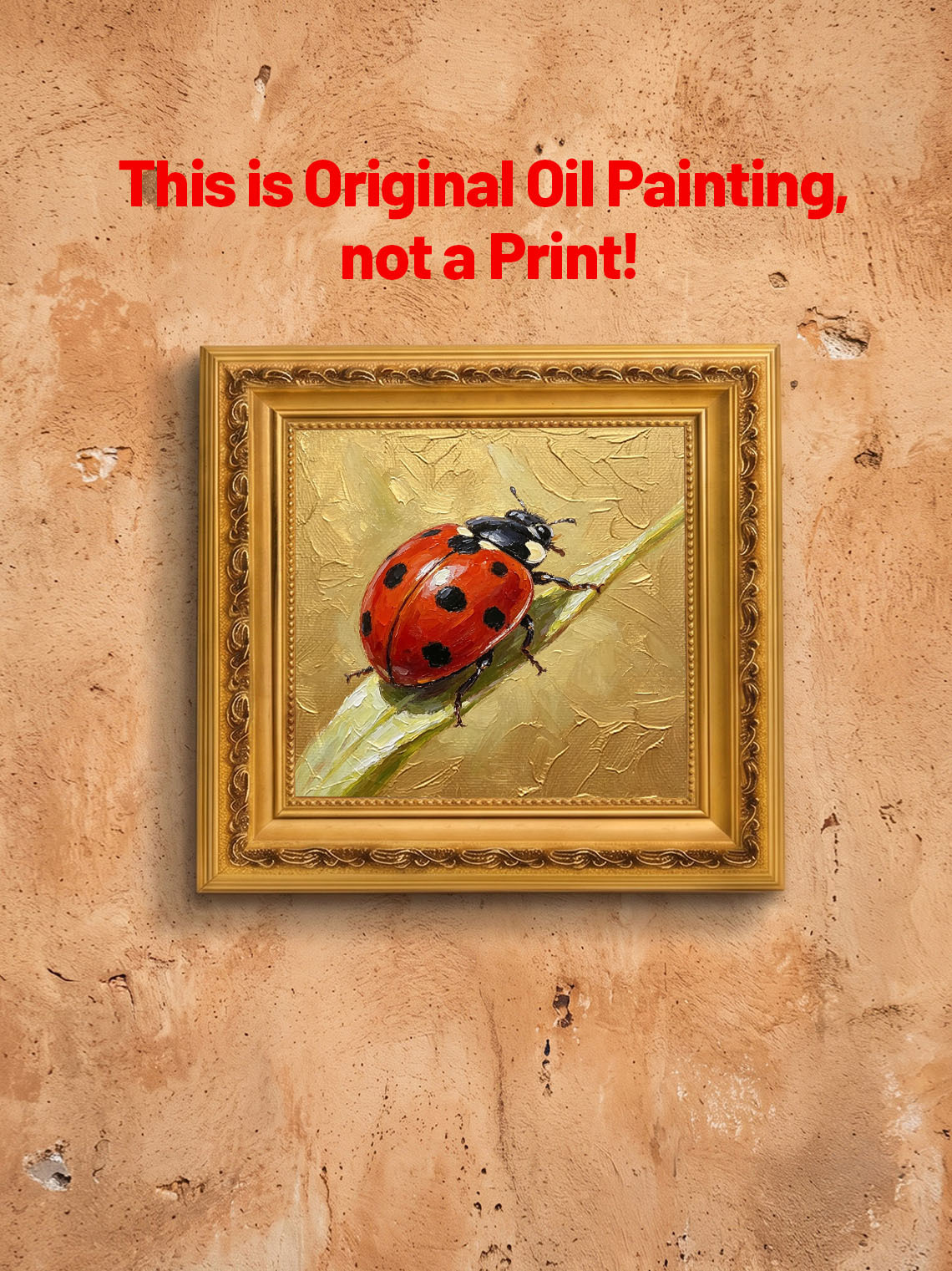 Bright Red Spotted Ladybug On Green Grass Blade Hand Painted Wall Art Custom oil painting from photo, Gift for friend，Size 4x4