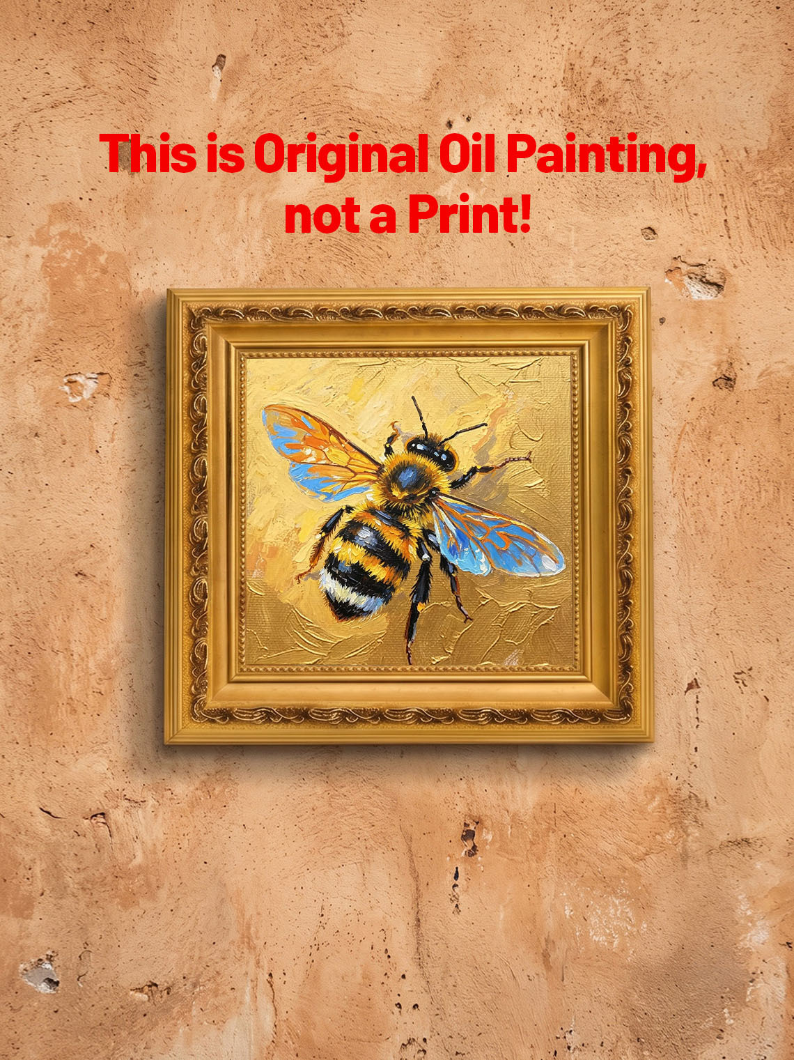 Vibrant Honeybee With Iridescent Blue Wings On Golden Background  Wall Art Custom oil painting from photo, Gift for friend，Size 4x4