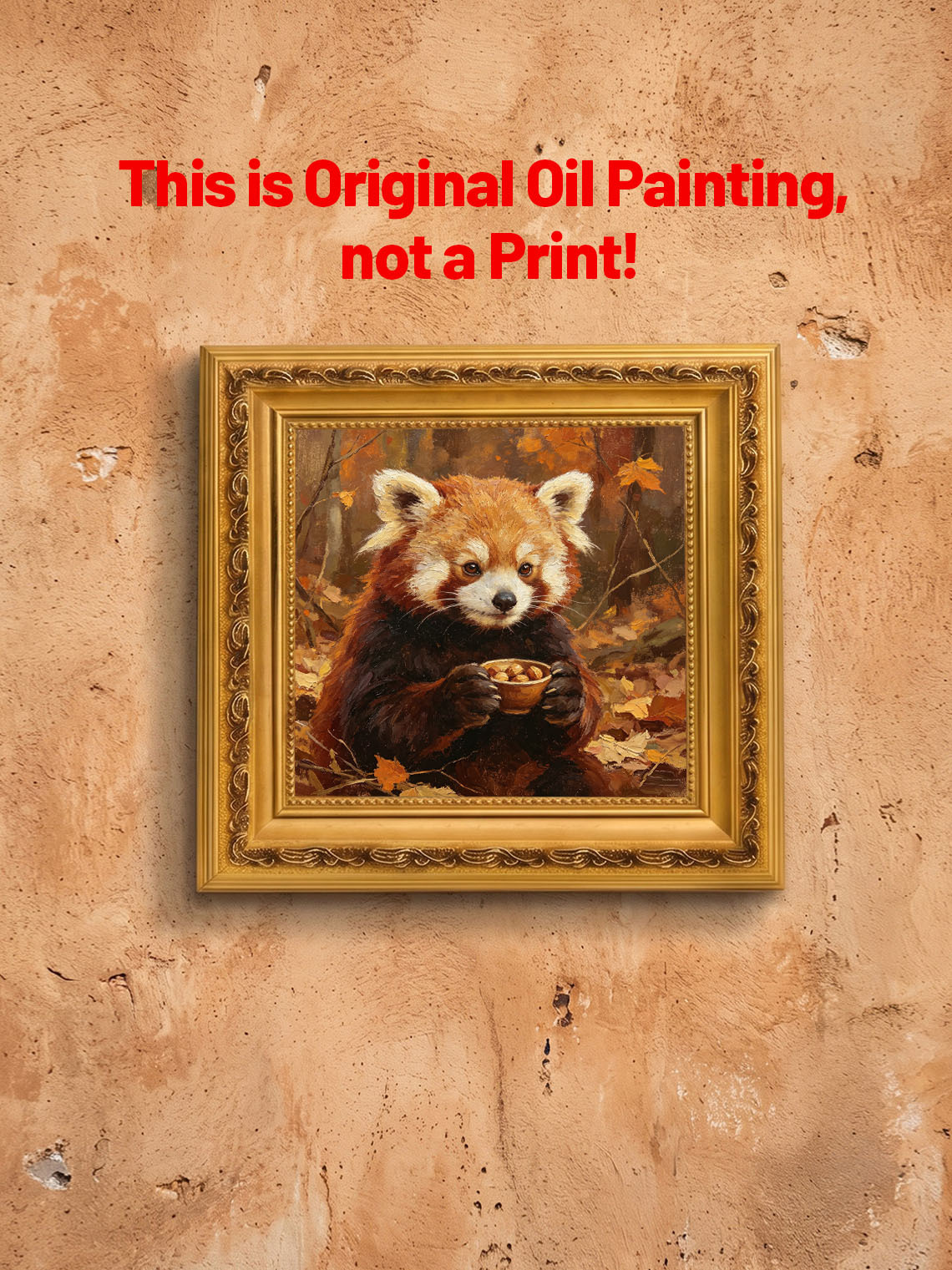 Cute Red Panda Holding Nut Bowl In Autumn Fall Forest Hand Painted Wall Art Custom oil painting from photo, Gift for friend，Size 4x4