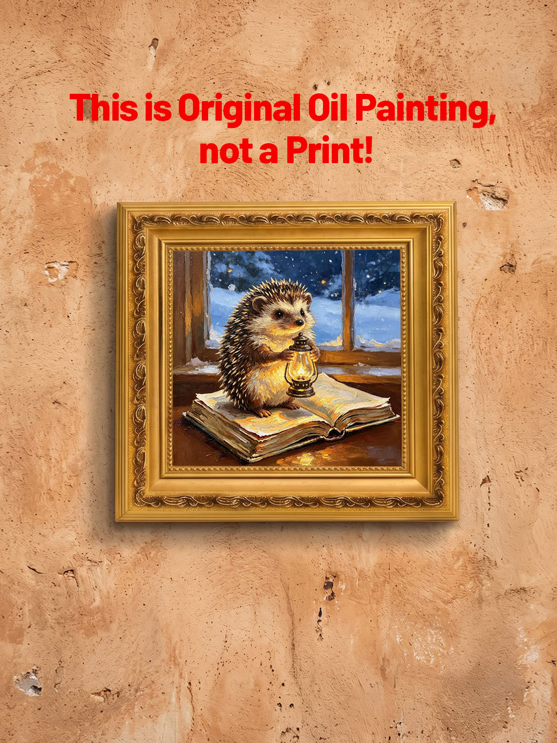 Hedgehog With Glowing Lantern Standing On Open Book By Snowy Winter Window Custom oil painting from photo, Gift for friend，Size 4x4