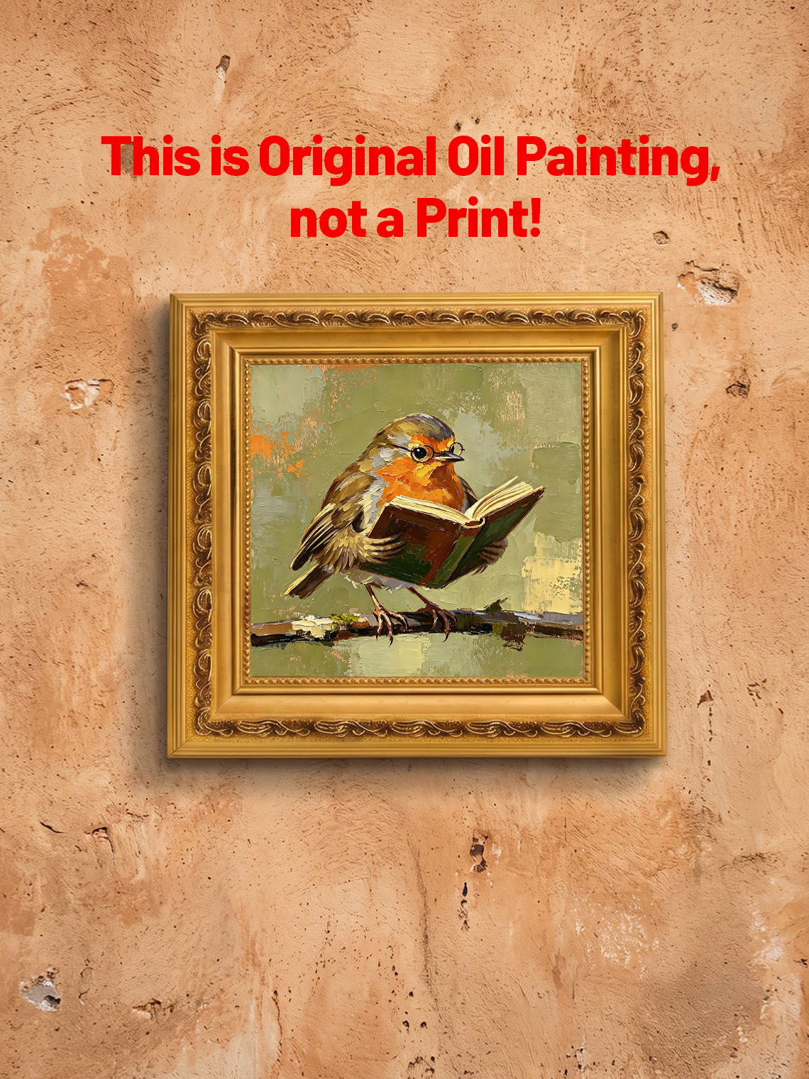 Charming Robin Bird Wearing Glasses Reading Open Book On Branch  Wall Art Custom oil painting from photo, Gift for friend，Size 4x4