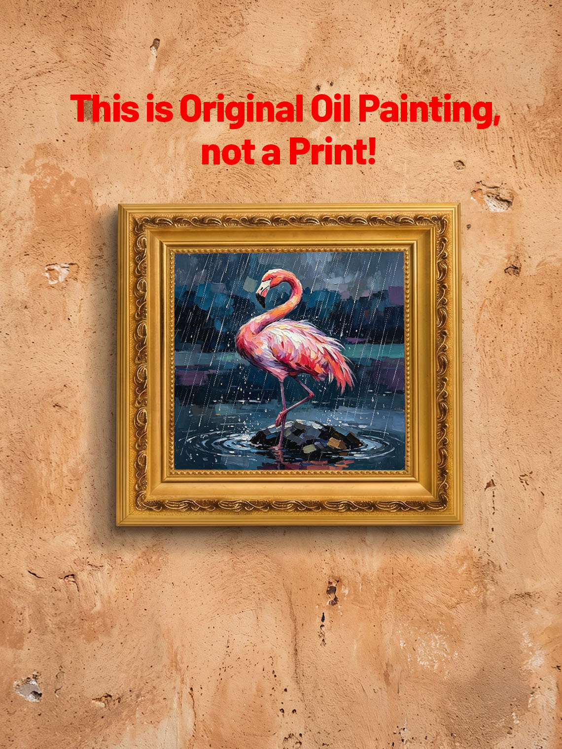 Vibrant Pink Flamingo Standing On Rock In Pouring Rain Over Dark Water  Wall Art Custom oil painting from photo, Gift for friend，Size 4x4