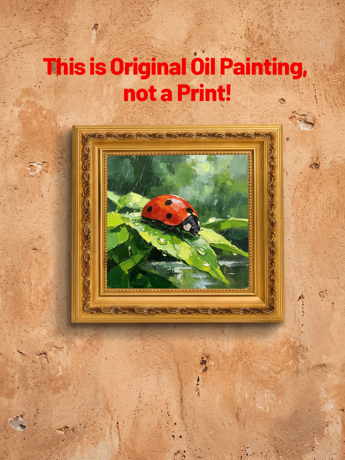 Vivid Red Ladybug On Rain‑Drenched Green Leaf In Lush Foliage Hand Painted Wall Art Custom oil painting from photo, Gift for friend，Size 4x4